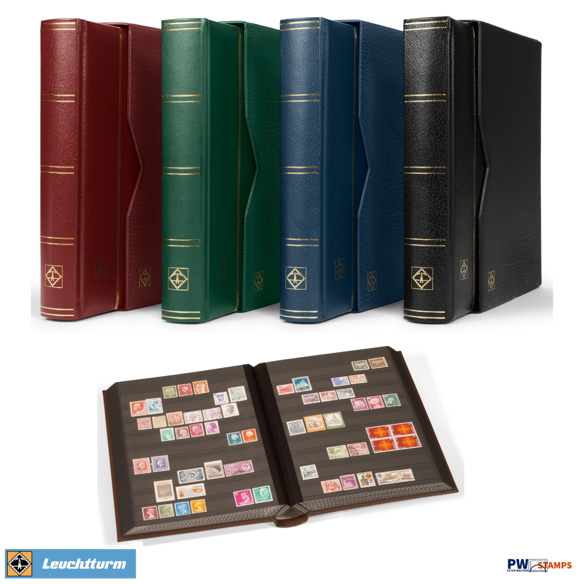 pwstamps's tweet photo. The Premium Stockbook from Lighthouse has a leatherette cover available in Blue, Red, Green or Black.  Available as a stock book only or bundled with a matching slipcase. https://t.co/qQVACHecwI