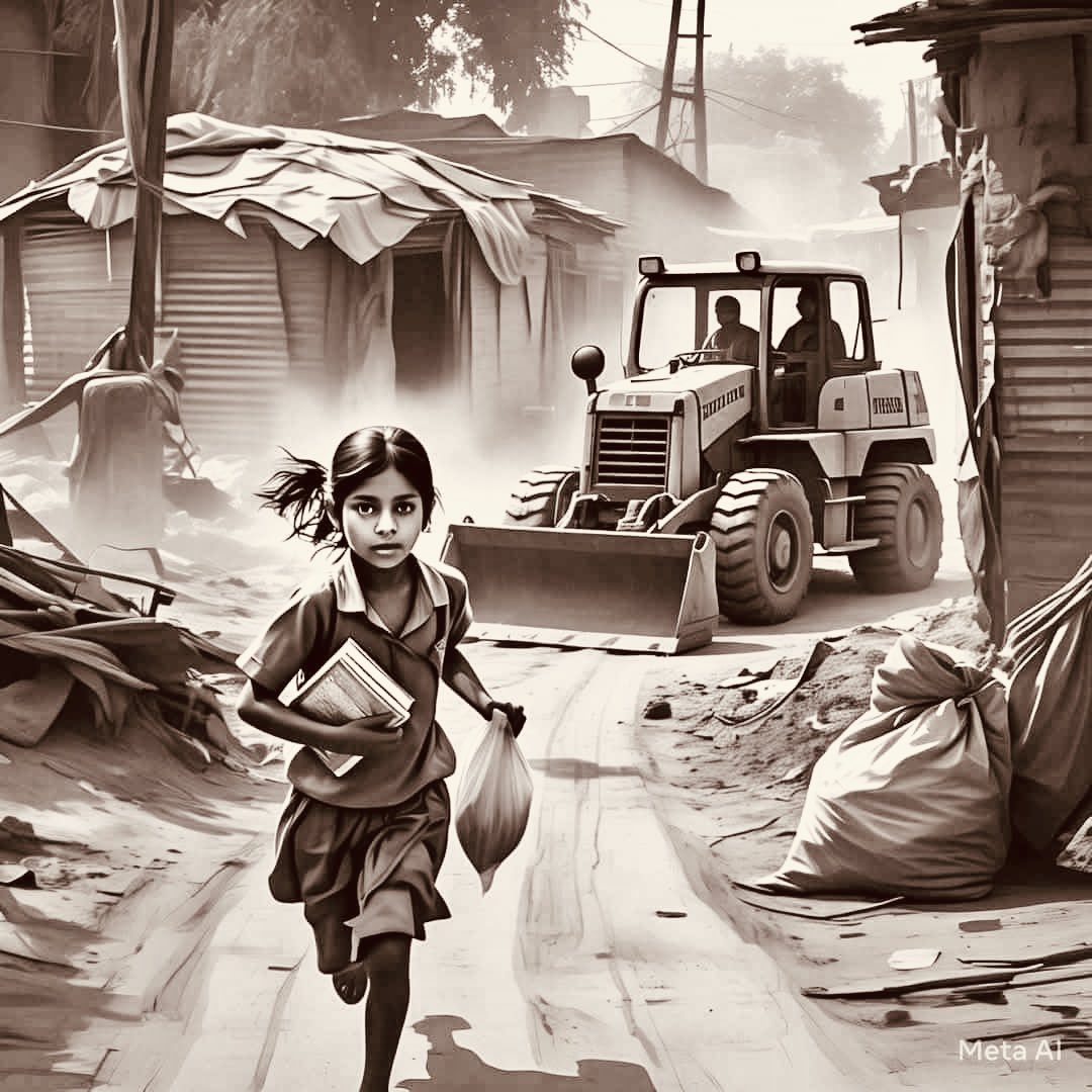 सरकार द्वारा अपना घर बुलडोज़र से गिराये जाने के बीच ही एक बच्ची गिरते हुए घर में दौड़कर जाती है और अपनी क़लम व किताब बचा ले आती है. उम्मीदों की तस्वीर.

पढ़ो और पढ़ाओ. नफ़रत को हराओ