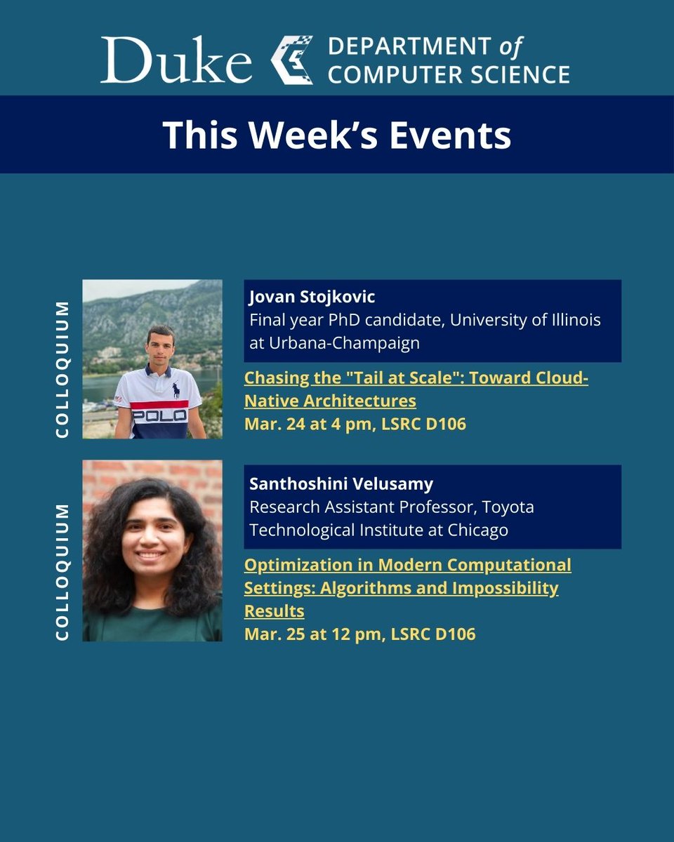 dukecompsci's tweet image. Join us this week for four more computer science colloquiums!
Find all the details here: cs.duke.edu/events
