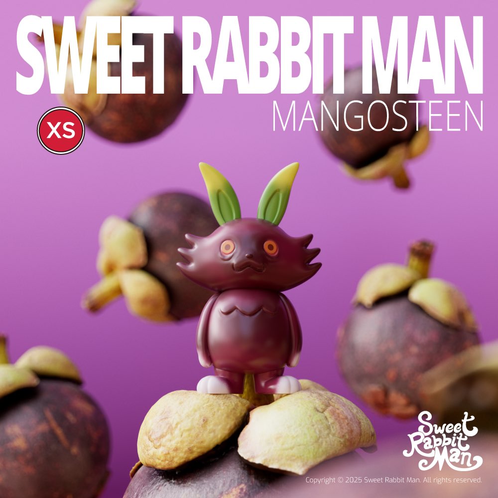 sweetrabbitman's tweet photo. Sweet Rabbit Man(XS) - MANGOSTEEN
Mangosteen Color!!

＜此為模擬圖（CG）＞

Height: 7cm
Material: Sofubi
Price: 1,550 THB
Place：TTE 2025 @thailandtoyexpo Booth F-33
Time: 2025/04/02-06

#sofubi #sofvi #sofvinyl #arttoy #vinyltoy #sweetrabbitman https://t.co/LxVhjLo6ak