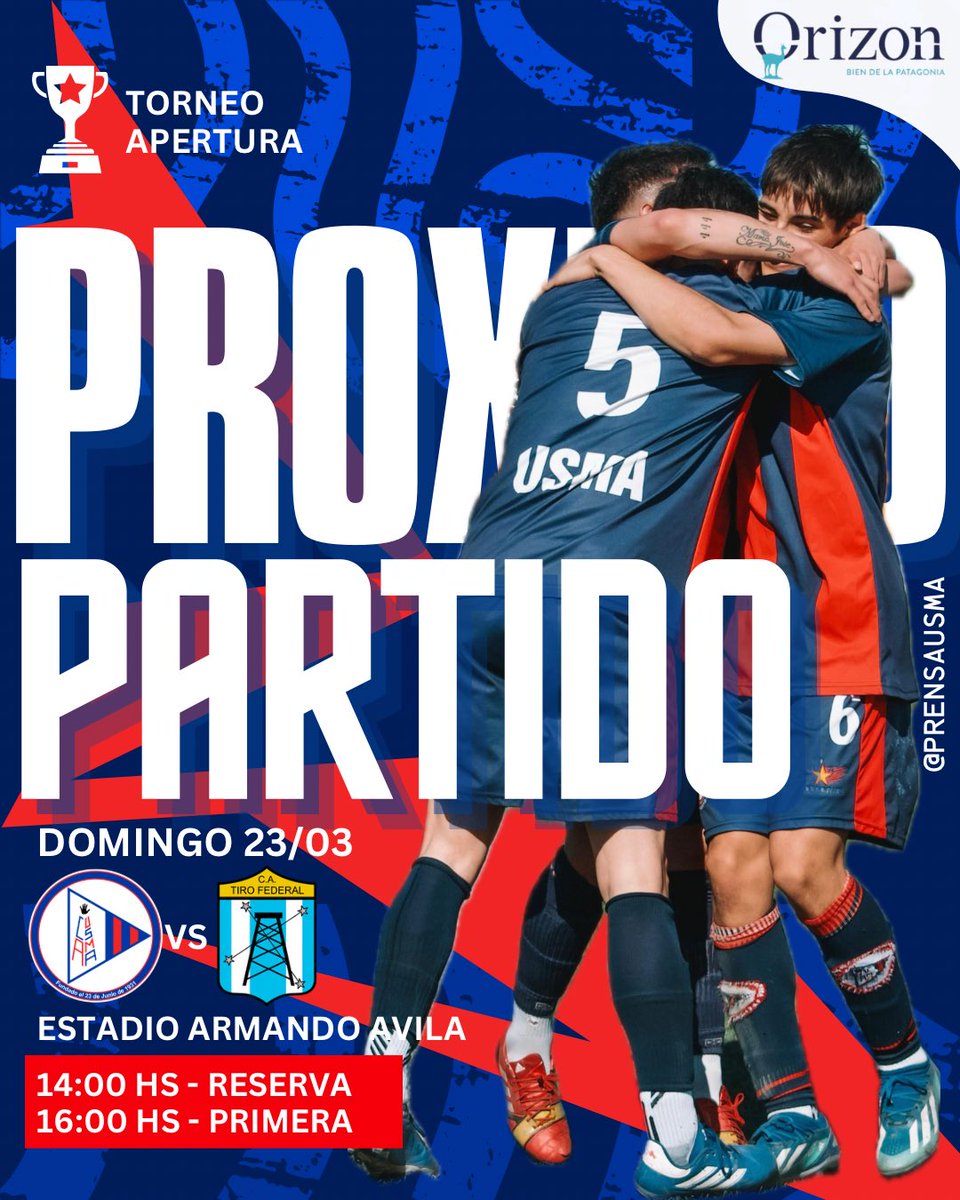 PrensaUSMA's tweet photo. ¡𝙅𝙐𝙀𝙂𝘼 𝙐𝙎𝙈𝘼!🟦🟥

🏆Torneo apertura 
🆚 Tiro Federal
🗓️Domingo 23/3
⚽️Reserva 14:00 horas 
⚽️Primera división 16:00 horas 
🏟️Estadio Armando Ávila 

⚔️Vamos todos unidos 

#VamosUSMA #SomosUSMA https://t.co/VKJ5PpOXfA