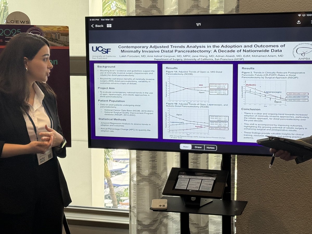 Mohamed Adam, MD, FACS (@mohamedadammd) on Twitter photo Another presentation by <a href="/Lalehforoutani/">Laleh Foroutani</a> at #AHPBA2025! Our adjusted trend method shows MIS distal panc surpassing open distal, with a steadily rising preference for robotic approach. Data argue for clear training/credentialing pathways
<a href="/UCSFSurgery/">UCSF Surgery</a> <a href="/UCSFGSResidency/">UCSF GS Residency</a> <a href="/HPB_Surgeon/">Adnan Alseidi</a> Another presentation by <a href="/Lalehforoutani/">Laleh Foroutani</a> at #AHPBA2025! Our adjusted trend method shows MIS distal panc surpassing open distal, with a steadily rising preference for robotic approach. Data argue for clear training/credentialing pathways
<a href="/UCSFSurgery/">UCSF Surgery</a> <a href="/UCSFGSResidency/">UCSF GS Residency</a> <a href="/HPB_Surgeon/">Adnan Alseidi</a>