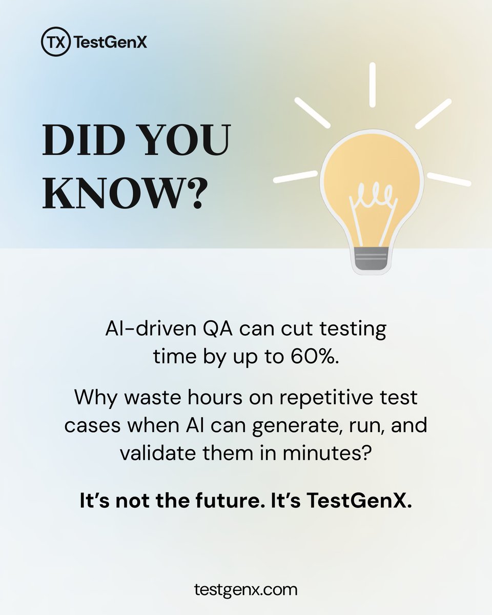 testgenx's tweet image. Tired of spending hours on repetitive QA tasks?
Let AI handle the heavy lifting.

Cut testing time by up to 60% and release with confidence.

It’s not the future. It’s here.

#TestGenX #AIAutomation #NoCodeQA #SoftwareTesting #FasterReleases #QATransformation #DevOps #TestSmarter