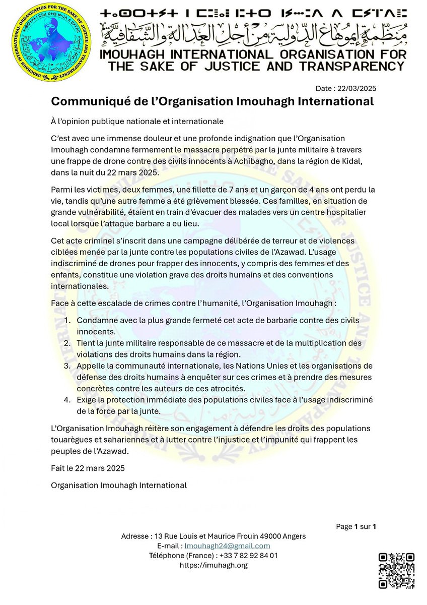 Tuerie de civils par la junte Malienne : Imouhagh interpelle la communauté internationale
<a href="/CourPenaleInt/">CPI-Cour pénale int.</a> 
<a href="/CNCDH/">CNC Droits Homme</a> 
<a href="/ONU_fr/">Nations Unies (ONU)</a>