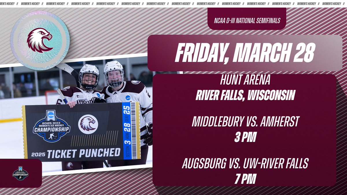 AugsburgAuggies's tweet photo. WOMEN'S HOCKEY - Time set for next Friday's (3/28) Augsburg-at-UW-River Falls NCAA D-III national semifinal game: 7 pm start at Hunt Arena in River Falls!

Bracket: https://t.co/SwJPyYj1WM
#d3hky #AuggiePride https://t.co/uZ9Axc7vdH