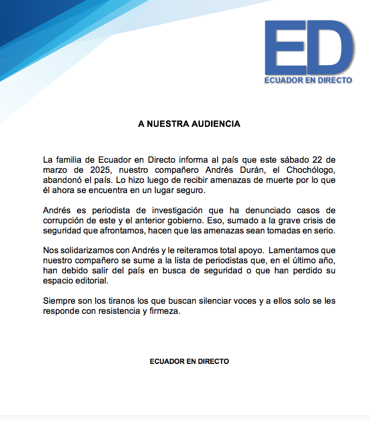 EcEnDirecto's tweet photo. #ATENCIÓN
Ante las amenazas de muerte al periodista de investigación, #AndrésDurán.

#EcuadorEnDirecto #ElChochólogo https://t.co/8OTTqwqs6V