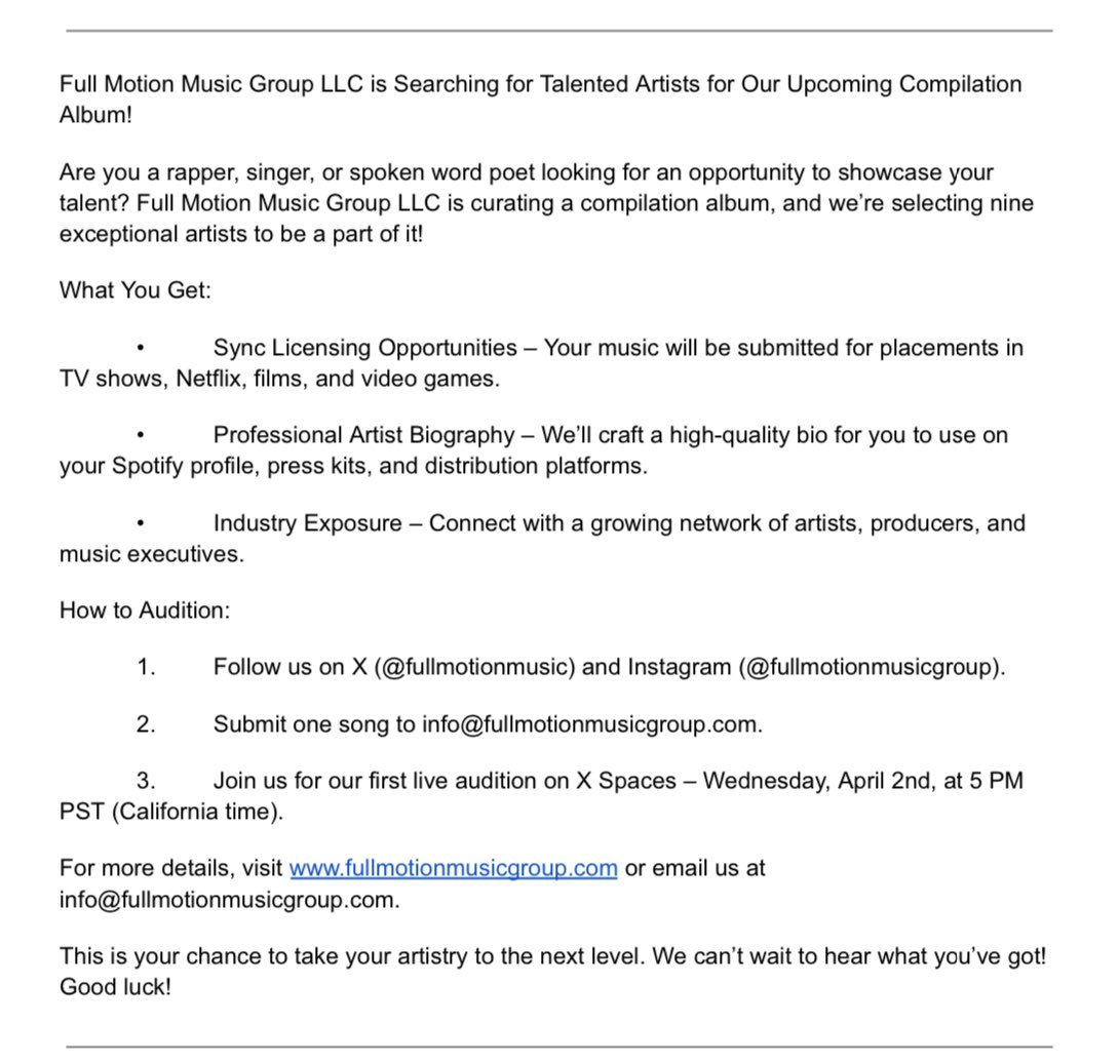 SwiggaGeovanni's tweet photo. Full Motion Music Group LLC is Searching for Talented Artists for Our Upcoming Compilation Album! https://t.co/qGG3bZ5oJA