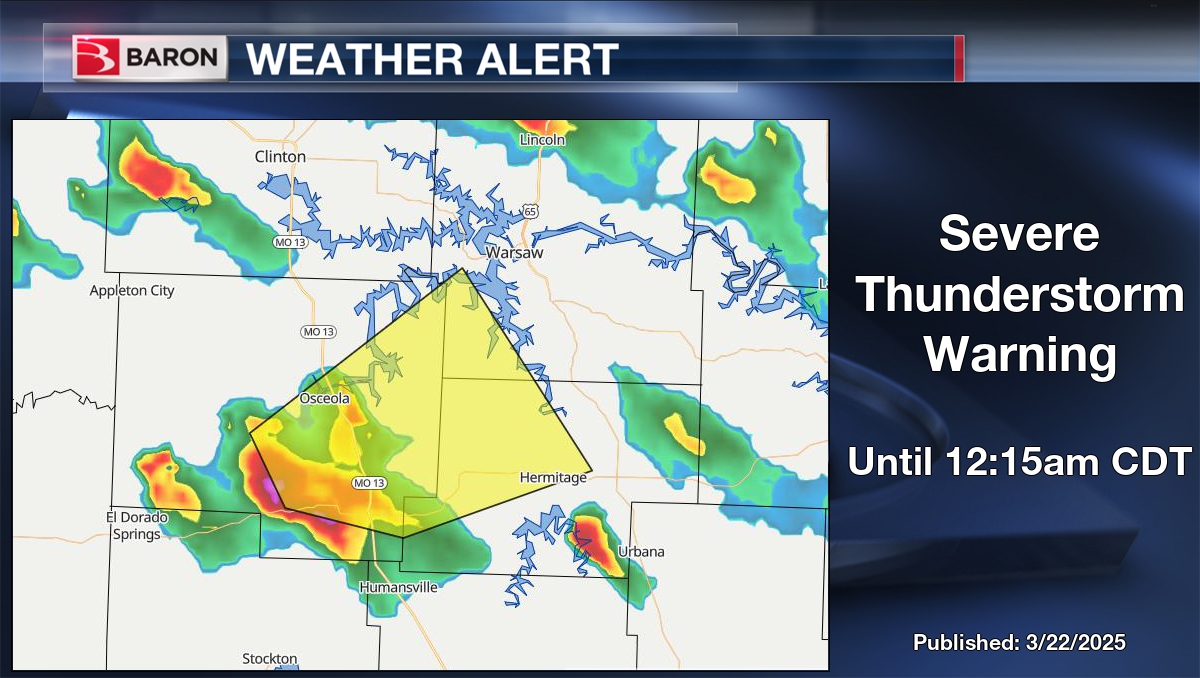 ReadyWarn's tweet photo. WEATHER ALERT: Severe Thunderstorm Warning for Benton, Hickory, and St. Clair County in MO until 12:15am CDT. #mowx https://t.co/DMCXBHrhfd