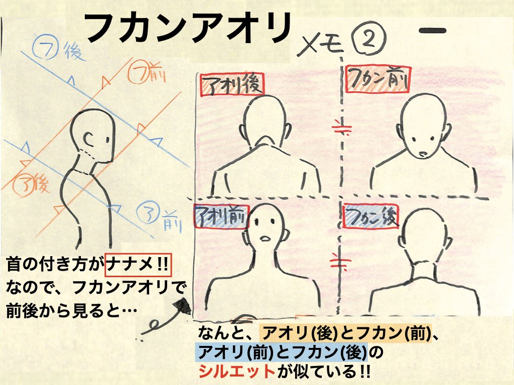 ◎アオリ、フカン関連ノウハウ
・首は斜めについているので…
「アオリから見ると肩首の隙間は広く見える」
「フカンから見ると頭と肩が重なる」
また後ろから見るとこれらの逆のことが言える。
…などアオリ、俯瞰に見える基本の話をおさえましょう。