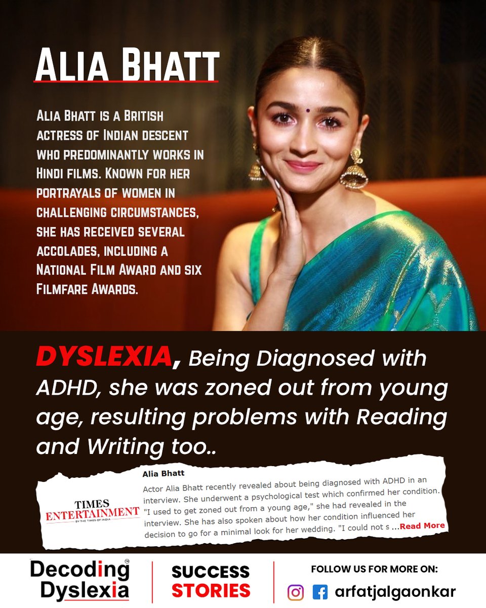 OfficiallyArfat's tweet image. Alia Bhatt is a Bollywood actress who has successfully managed her Attention Deficit Hyperactivity Disorder (ADHD) to become a successful actress. She has shared her experiences with ADHD to help others understand that it doesn&apos;t limit one&apos;s potential.
#decodingdyslexia