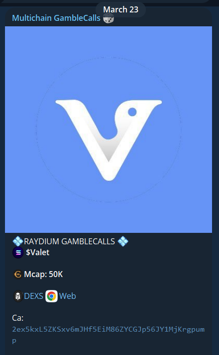 RicoCalll's tweet photo. $Valet / #SOL — ⭐️34X⭐️

The #memecoin just called in the channel  https://t.co/xyED1qxyqs launched at 50K and has now skyrocketed to 1M7 with unstoppable momentum
ATH is within reach, and 50X gains are only a heartbeat away!
#Crypto #ETH #LINK #BNB #ADA #MemeCoin100x https://t.co/pmMB26jM88