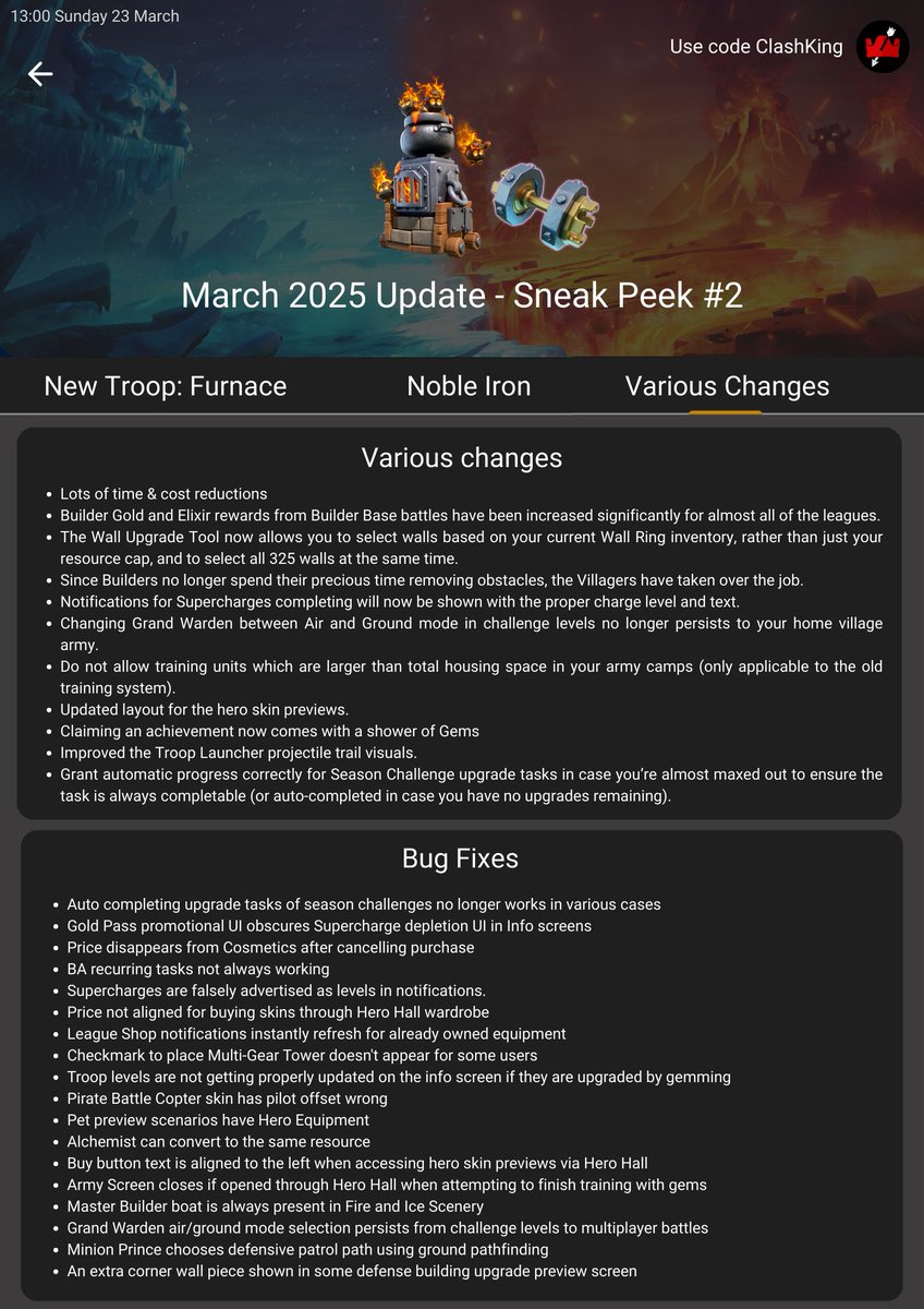 Sneak peek #2 - March 2025 Update  
🔥 New Troop: Furnace
🏋️ New equipment: Noble Iron
🔁 Various Changes

❤️ Creator Code : ClashKing link.clashofclans.com/en/?action=Sup…

Thank you for the support 🫶

➡️Join our discord server : discord.gg/clashking