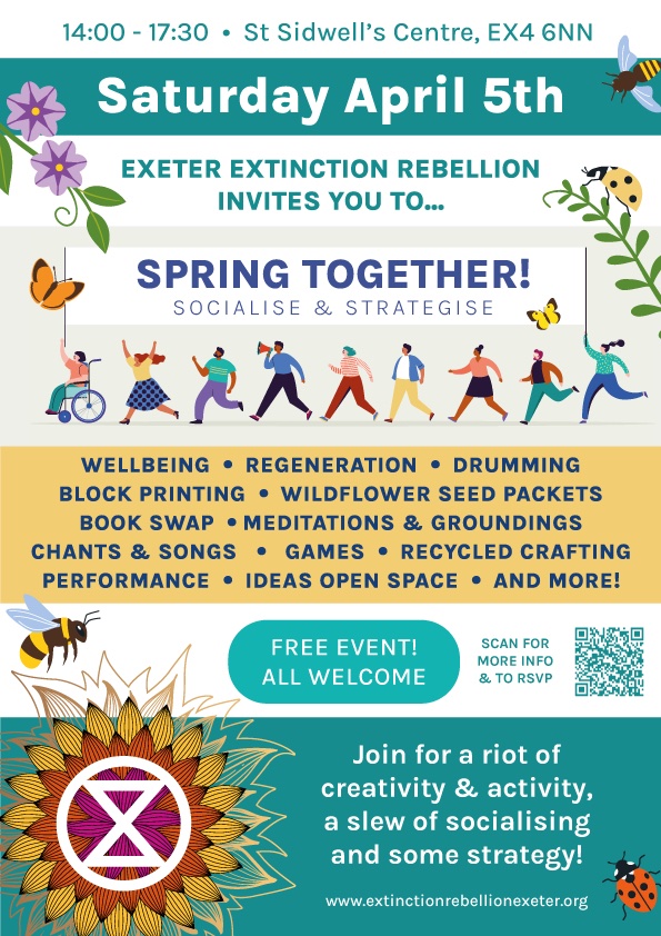 XRExeter's tweet photo. SPRING TOGETHER!

Socialise &amp; Strategise with Exeter XR!
Saturday April 5th
14:00 - 17:30
St Sidwell's Ctr, EX4 6NN

👕 Print a T-shirt or patch
🥁 Drumming workshop
🌸 Free wiildflower seeds
🧘 Wellbeing activities
🤝 Games, crafts, songs and more!

🪺🐣🌱🌍🥁🌍🌱🐣🪺 https://t.co/zdFTD2kdpv