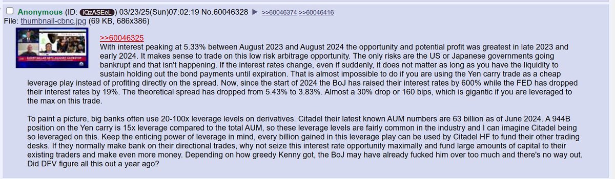 Anon discover Citadel is overleveraged 944B on Yen Carry Trade and it is ready to blow up. DFV figured it out year ago.   $GME $BBBYQ