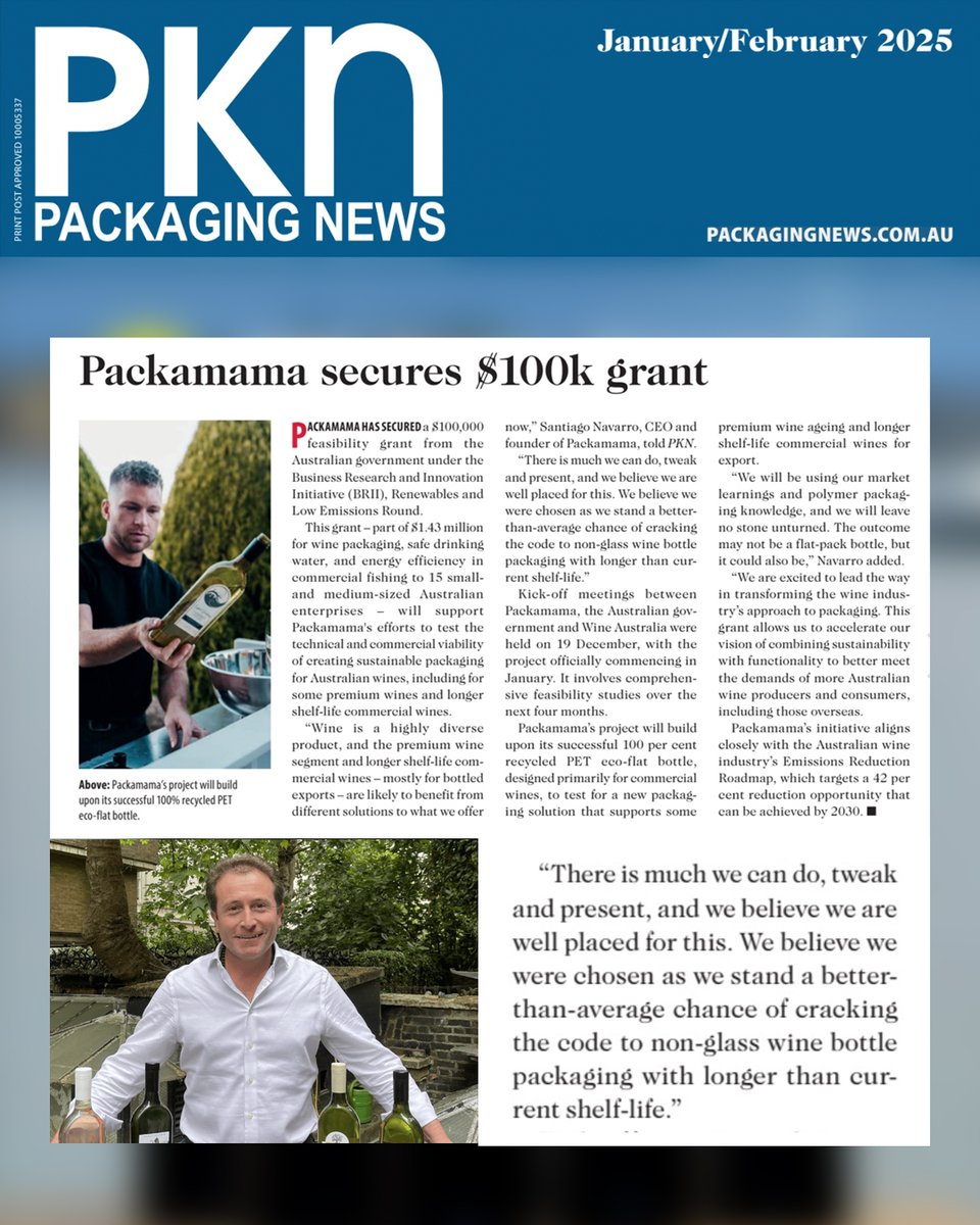 Packamama (@packamama) on Twitter photo Thanks to <a href="/PKNpackagingmag/">Packaging News</a> for their magazine coverage announcing our $100,000 feasibility grant from the <a href="/ausgov/">Australian Government</a> under the Business Research and Innovation Initiative (BRII) - supported by Wine Australia.
View the January/February PKN Magazine here:
online.flipbuilder.com/YaffaMedia/kbt… Thanks to <a href="/PKNpackagingmag/">Packaging News</a> for their magazine coverage announcing our $100,000 feasibility grant from the <a href="/ausgov/">Australian Government</a> under the Business Research and Innovation Initiative (BRII) - supported by Wine Australia.
View the January/February PKN Magazine here:
online.flipbuilder.com/YaffaMedia/kbt…