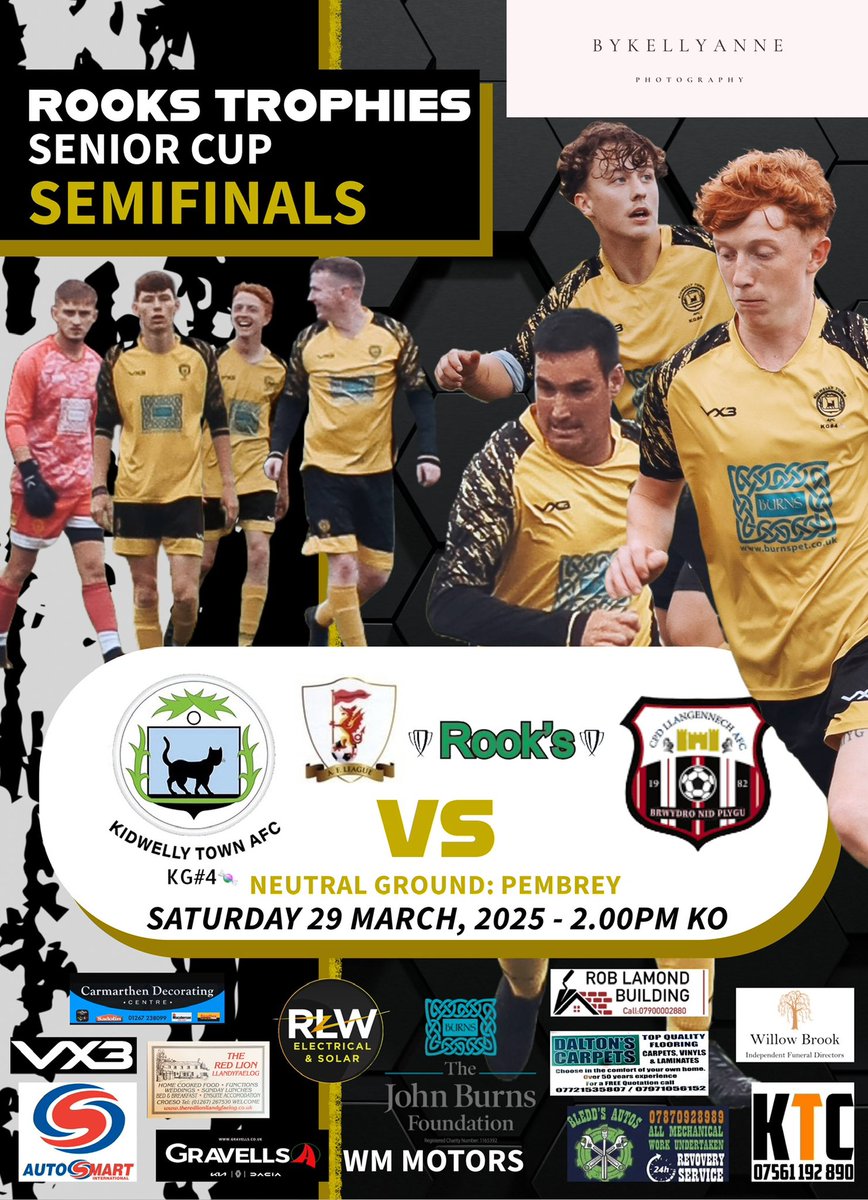 Next weekend our First Team face <a href="/llangennechafc/">Llangennech AFC</a> in the Semi Final of the CAFL Senior Cup. Please make the journey to Pembrey to support the lads on this big occasion 🏆⚽️

There will be food, a raffle and a social after the game at the @kidwelltrfc lounge 🍺

All welcome 🟡⚫️🍬