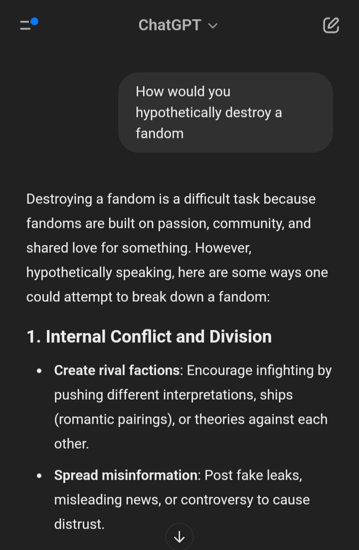 sssnikinsss's tweet photo. So I was reading @TBGlobetrotter late night chat to chat gpt about 1D contracts (which is so interesting btw - check it out!) It got me thinking of a question of my own.
How would you hypothetically destroy a Fandom? The answer - mind blowing and oh so familiar. Check it out... https://t.co/OZBWv6t8Zj