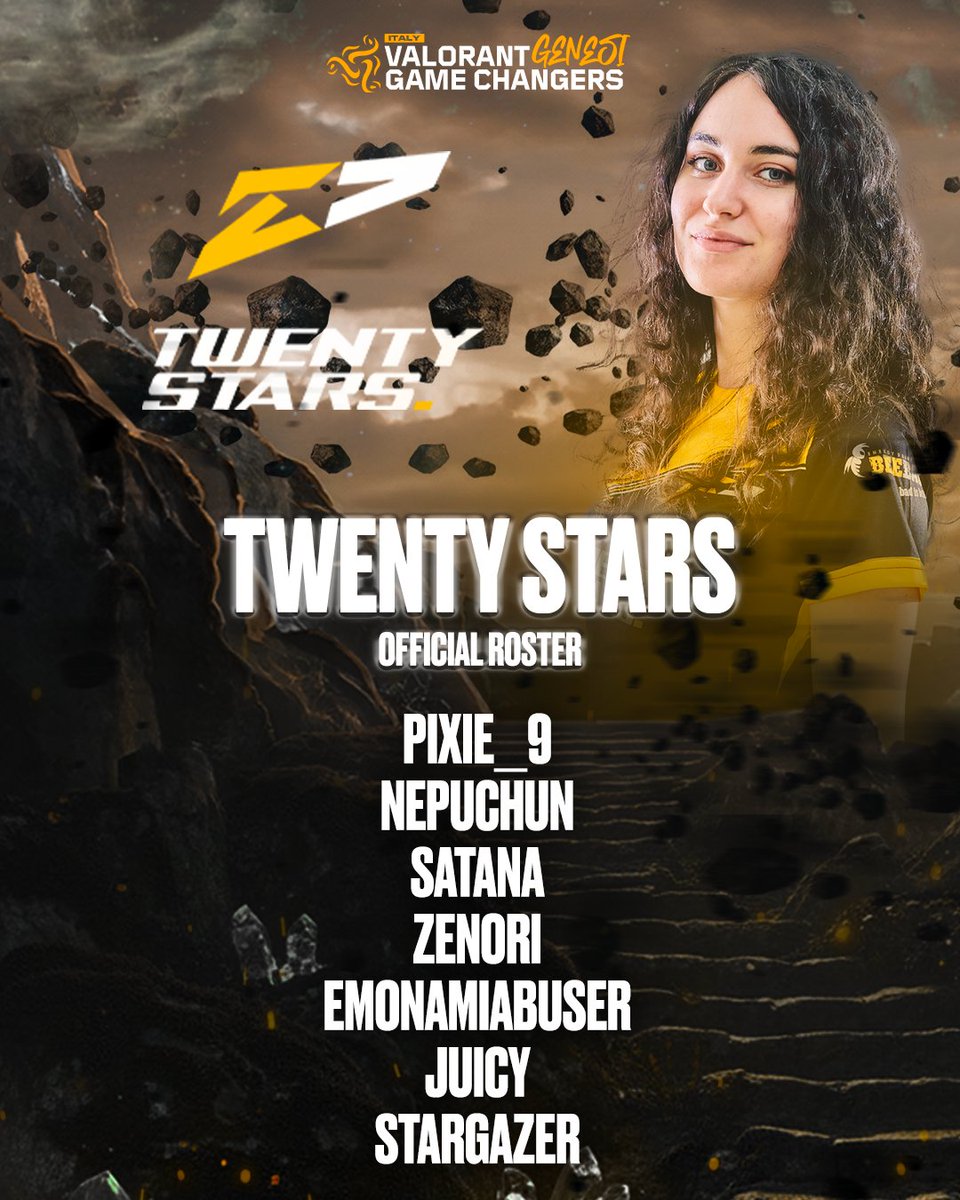 🚨OFFICIAL ROSTER🚨

TWENTY STARS - <a href="/20starsEsports/">TwentyStars (20s) Esports</a> 

<a href="/nepuchun1/">Nepuchun🧸</a> 
<a href="/zeNori_val/">zeNori</a> 
<a href="/9_eixip/">Pixie_9</a> 
<a href="/emonamiaa/">nami</a> 
<a href="/Yu_St4rgazer/">Yuri</a> 
<a href="/20s_Satana/">Satana</a> 
<a href="/yummyjuicyy/">Juicy</a> 

📅 Appuntamento al 26 marzo con la prima giornata del campionato.

<a href="/itVALORANT/">VALORANT - Italia</a>