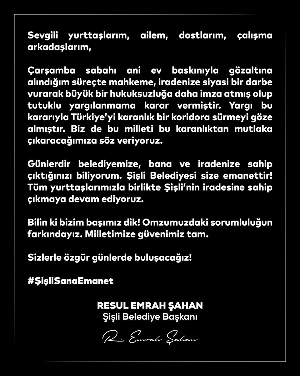 Şişli Belediyesi de biz de milletimize emanetiz. 

Mücadelemizden bir adım geri atmayacağız.
