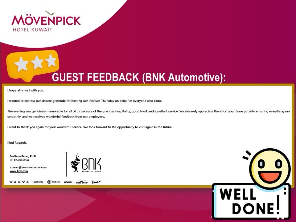 MovenpickKW's tweet photo. We are truly grateful to BNK Company for sharing their kind feedback on our Iftar experience. 🌙✨ It was an absolute pleasure hosting you and being part of your Ramadan celebrations. Thank you for choosing our hotel!

#Grateful #IftarAppreciation #ThankYouBNK #iftar #food https://t.co/vqG5IADMgN