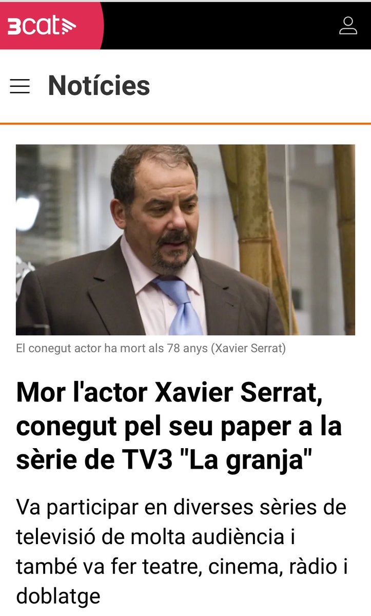 Ens ha deixat Xavier Serrat, actor i director, emblemàtic per sèries com “La Granja”, memòria col·lectiva del país❤️.
Una abraçada a la regidora i portaveu Eulàlia Serrat (<a href="/esdemas/">Eulàlia</a>) i el nostre condol a família, amics i al món de la cultura. 😘