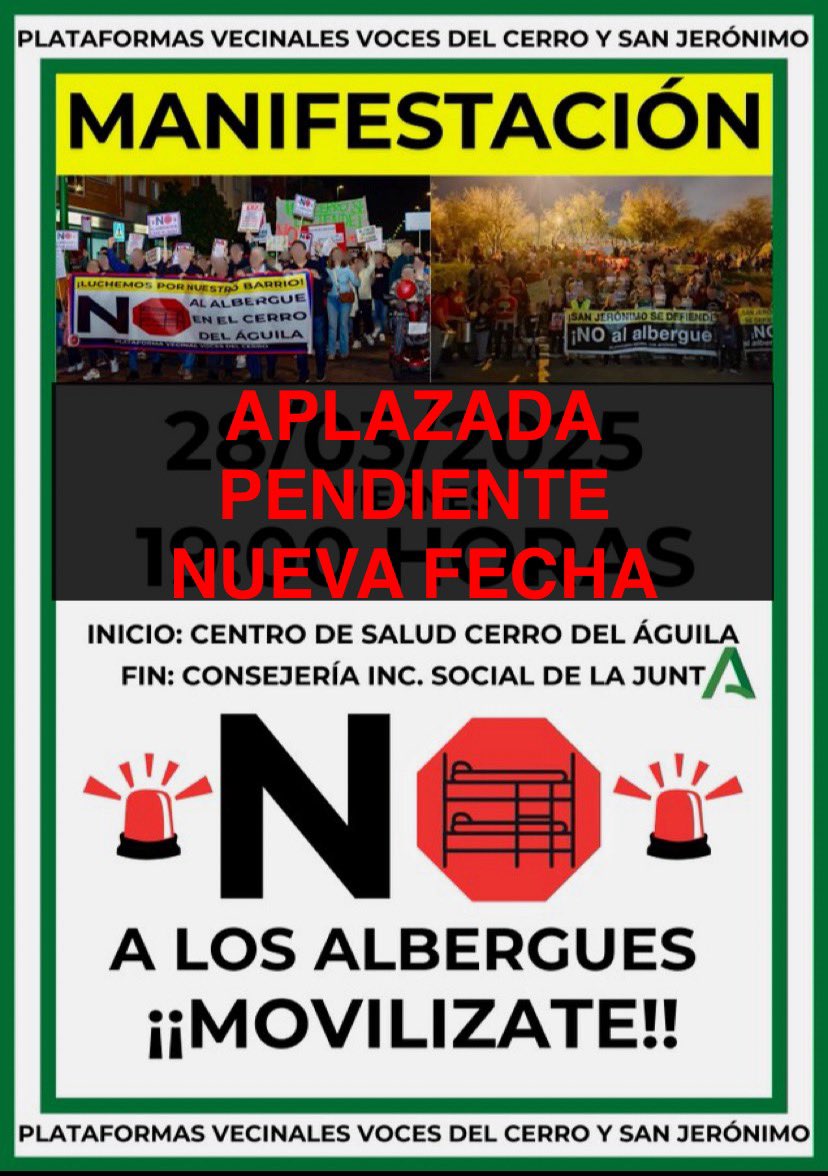 🚨Aplazamos la manifestación del próximo viernes 28, tras la paralización de la modificación del €. 

El objetivo es encontrar el compromiso firme del <a href="/Ayto_Sevilla/">Ayuntamiento de Sevilla</a> para transformar el <a href="/DtoCerroAmate/">Distrito Cerro-Amate (Sevilla)</a> con los equipamientos que verdaderamente necesitamos.

¡La lucha continua! 💪💪