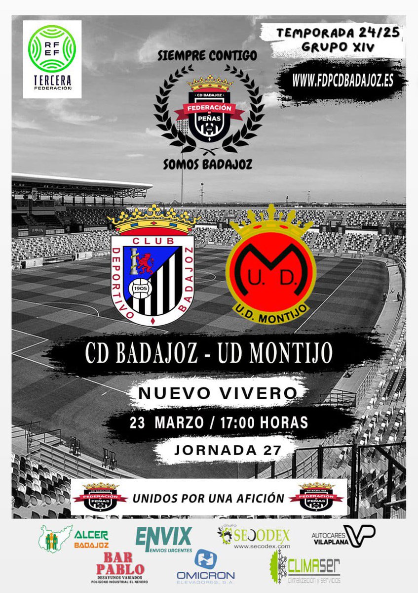 FEDERACIÓN DE PEÑAS DEL CD BADAJOZ (@fdp_cdb) on Twitter photo 🚨⚽ ᎻᎾᎽ ᎬᏕ ᎠłᎯ ᎠᎬ ᏰᎯᎠᎯ ⚽🚨
Día de pelear por un objetivo aún posible
Iremos por el camino difícil
Pero este escudo ⚪🛡⚫
aún lo llevamos muchos
🕔 17:00 <a href="/CDBadajoz/">CD Badajoz</a> ⚔️ <a href="/UDMONTIJO/">Unión Deportiva Montijo</a>
#AupaCDB ⚪⚫ #SiempreContigo 🚨⚽ ᎻᎾᎽ ᎬᏕ ᎠłᎯ ᎠᎬ ᏰᎯᎠᎯ ⚽🚨
Día de pelear por un objetivo aún posible
Iremos por el camino difícil
Pero este escudo ⚪🛡⚫
aún lo llevamos muchos
🕔 17:00 <a href="/CDBadajoz/">CD Badajoz</a> ⚔️ <a href="/UDMONTIJO/">Unión Deportiva Montijo</a>
#AupaCDB ⚪⚫ #SiempreContigo