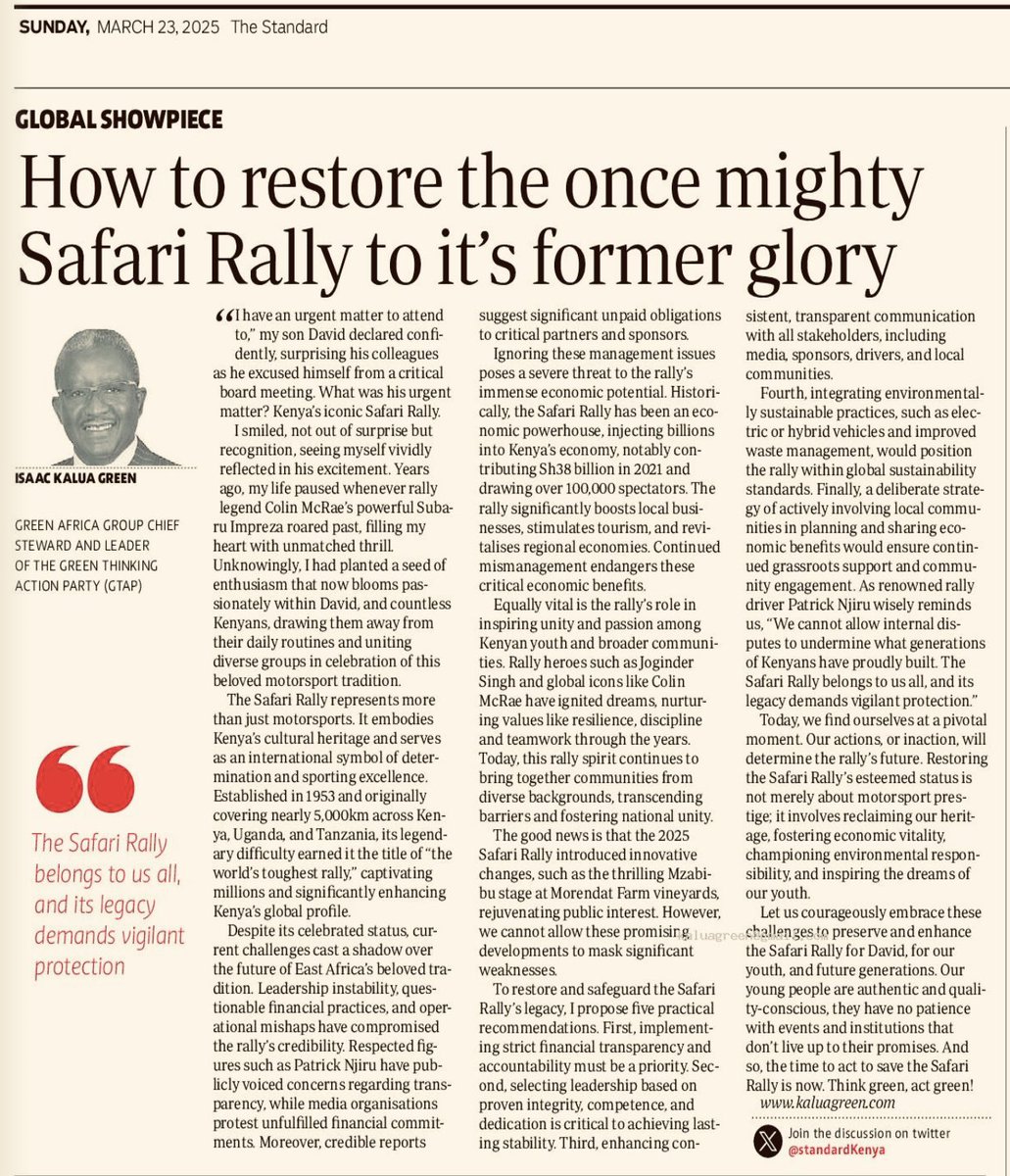 The Safari Rally belongs to us all and its legacy demands our protection.
Let’s stand up for what’s right and restore this global treasure to its former glory.
Read my article in today’s kaluagreen.com/why-we-must-re… <a href="/StandardKenya/">The Standard Digital</a>  and join the movement:
#ThinkGreenActGreen