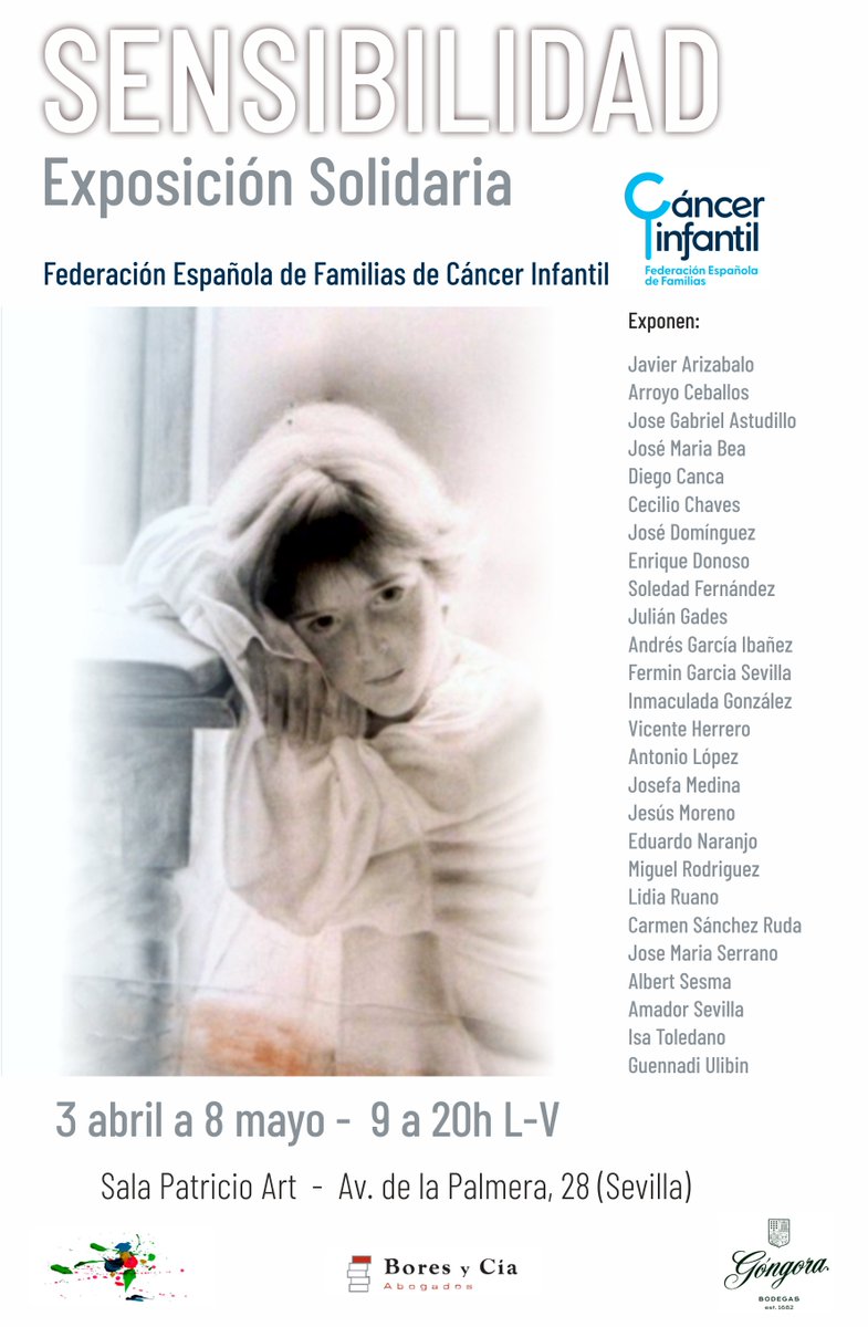 Exposición solidaria “Sensibilidad” pro Federación Española de Familias de Cáncer Infantil en la Sala Patricio Art, de Sevilla.
Os esperamos del 3 de abril al 8 de mayo, de 9 a 20 h. De lunes a viernes.

#sevilla #artexhibition #cultura #art #arte #exposicion #divulgadoracultural
