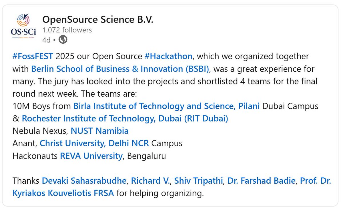 codeswithanmol's tweet photo. 🚀 We are thrilled to announce that Team #Anant from #India, has won First Prize at #FOSS #FEST #2025! 🏆🎉

A huge thanks to OpenSource Science B.V. &amp; all partners for organizing this incredible event! 🙌

#FOSSFEST2025 #OpenSource #HackathonWinners https://t.co/28G5i3ZZHI