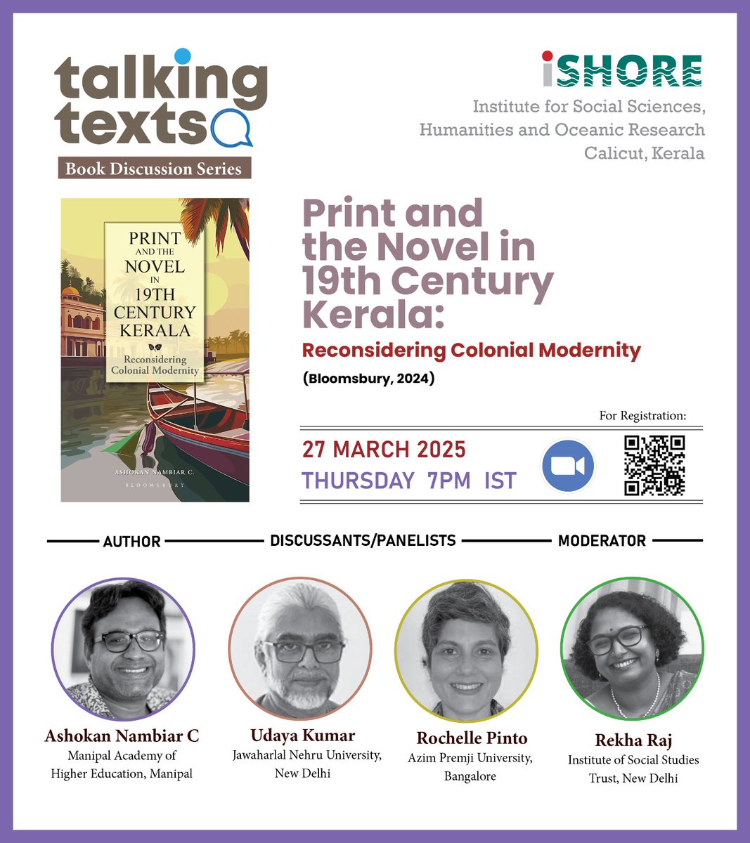 This Thursday (27 March) at 7pm IST, I-SHORE is hosting the next session of our Talking Texts series on Dr. Ashokan Nambiar's book, "Print and Novel in 19th Century Kerala: Reconsidering Colonial Modernity".

To participate, please register here: forms.gle/oDxQjTaz6V1uxY…
