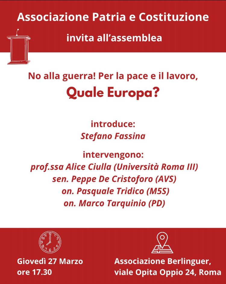 Oltre #Ventotene quale #Ue ? Ne discutiamo con <a href="/MarcoTarquinio/">Marco Tarquinio</a> <a href="/PTridico/">Pasquale Tridico</a> <a href="/pepdecr/">Peppe De Cristofaro</a> e prof.ssa <a href="/AlCiulla/">Alice Ciulla</a> giovedì 27 marzo, a Roma all’Ass Berlinguer. Vieni?