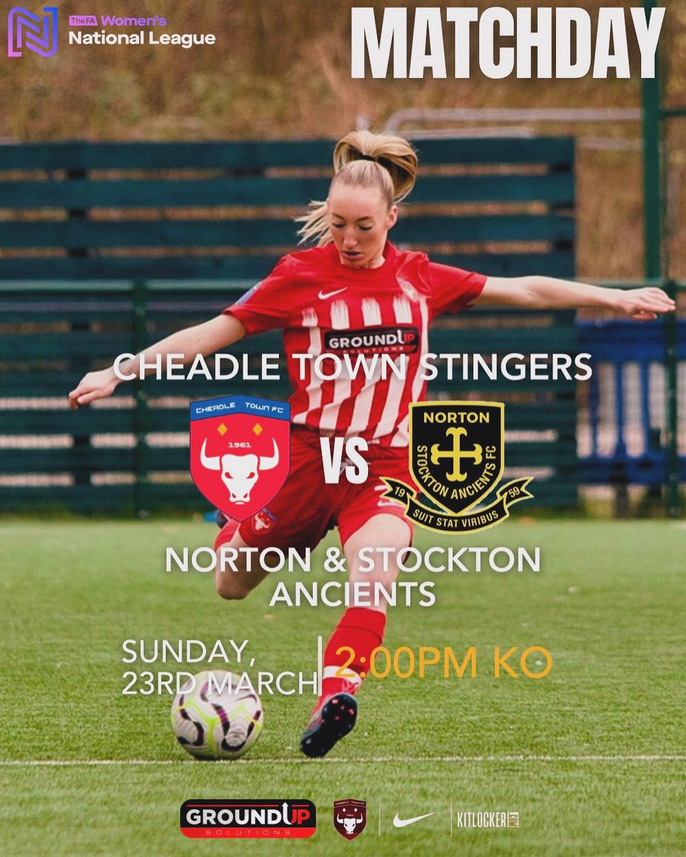 Today we welcome Norton &amp; Stockton Ancients to Park Road for an <a href="/FAWNL/">FA Women's National League</a> game. 
    With this the first of the last 3 games of the season we need all the support we can to support and cheer the girls over the line and (dare we say it) the title !

See you there 

#upthecheadle🐝