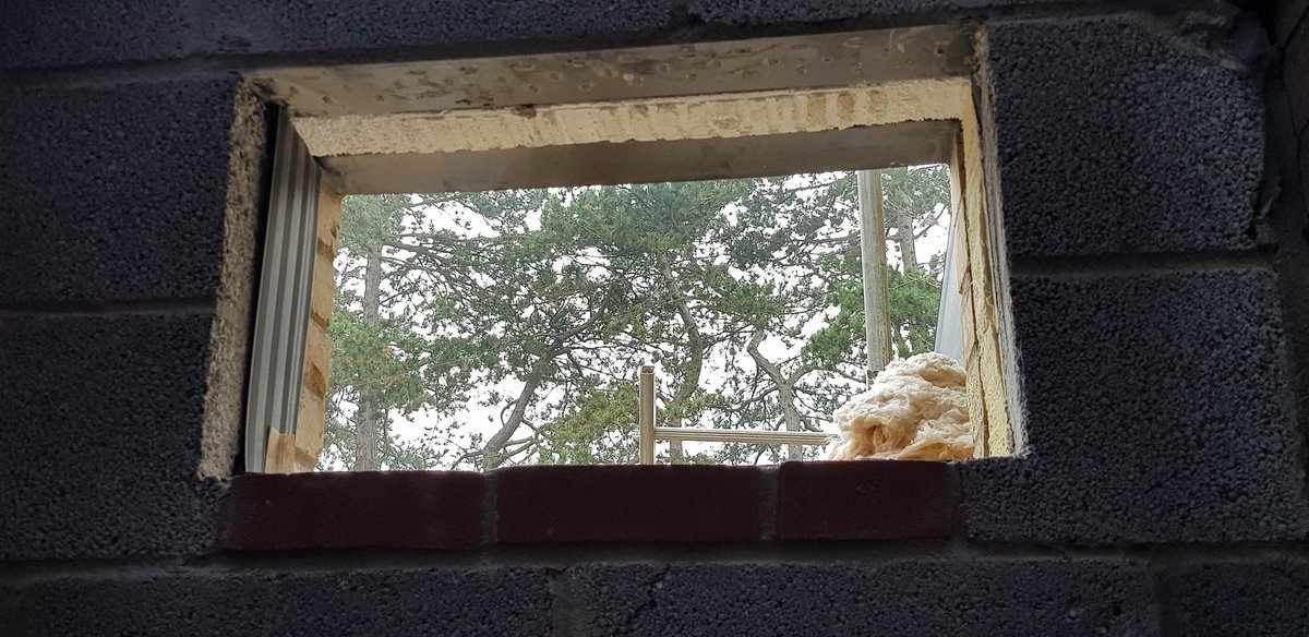 osphranter2's tweet photo. With the view of the tops of the trees around the college playing field 😍 I was considering clear glass for the window in the new bathroom, was until I used a couple of blocks of cellotex to raise me up to where the floor will actually be #heightmatters 😂 https://t.co/gIPcsM1wtn