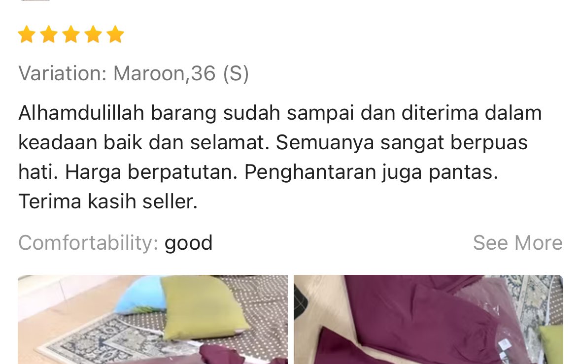 Banyak sangat review tak best brand lain last minute nak Raya ni… So I setia je laaa dengan brand baju kurung ni 😮‍💨 Affordable, tak pernah mengecewakan. Iykyk!

All good reviews dari customer sampai seller. Lurveee!! 💗