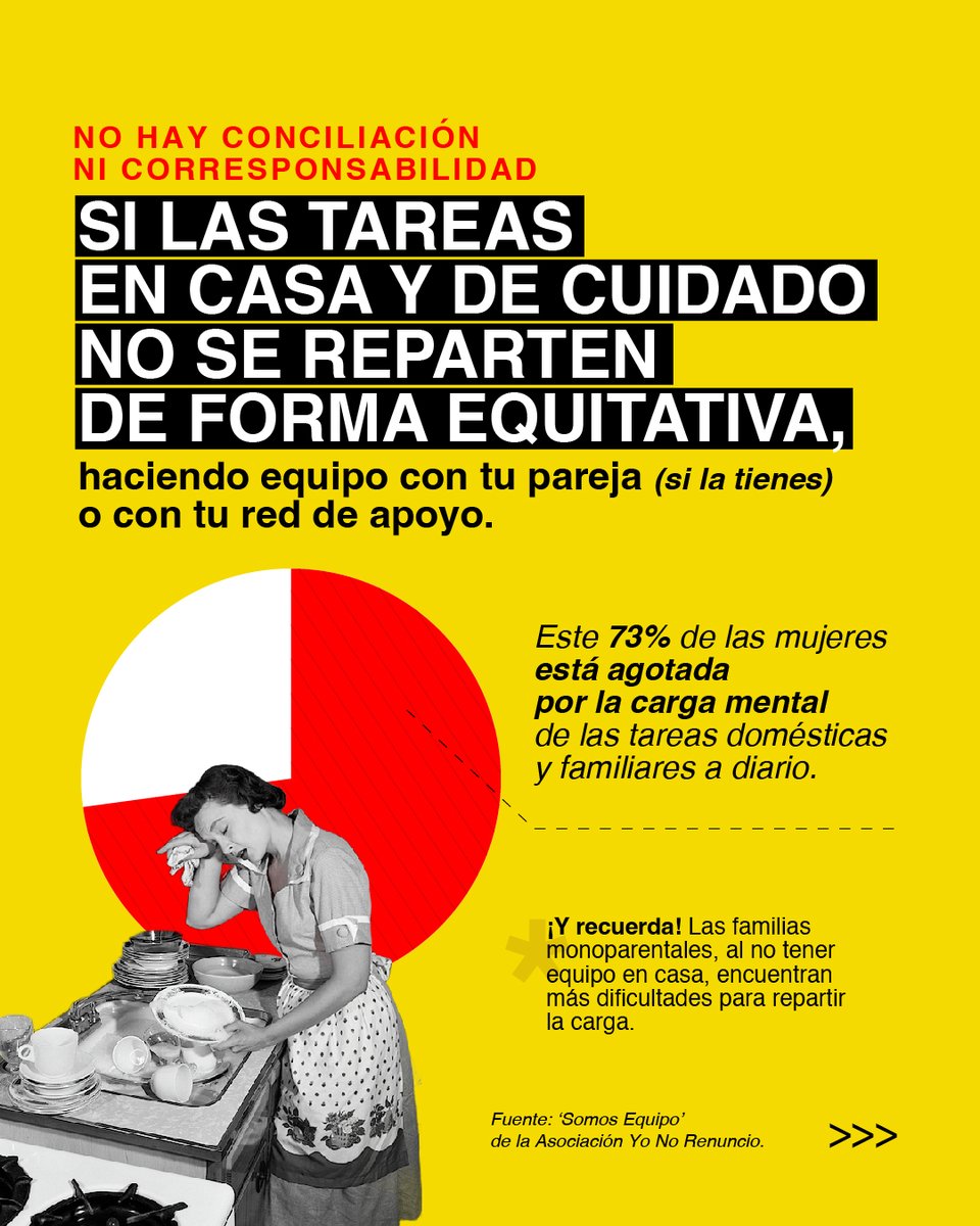 malasmadres's tweet photo. 📢 ¿Tiene futuro una sociedad en la que conciliar sigue siendo un privilegio?

⏳ Jornadas interminables.
🏡 Tareas del hogar y cuidados sin corresponsabilidad.
🛑 Redes de apoyo escasas.

Sin corresponsabilidad, no hay conciliación 

#YoNoRenuncio https://t.co/aEnYEZ4D3Z