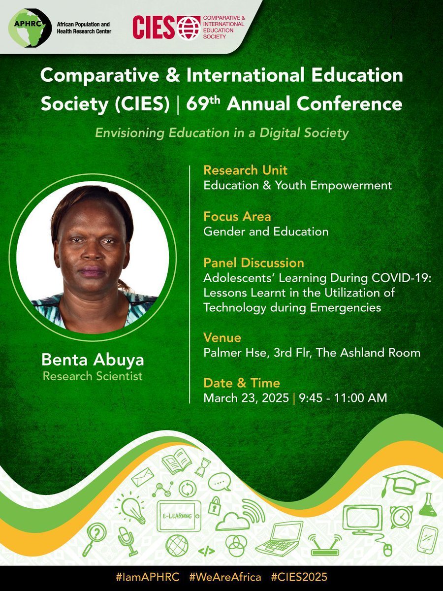 APHRC (@aphrc) on Twitter photo APHRC at #CIES2025 by <a href="/cies_us/">CIES</a>
<a href="/atiabu/">Dr. Benta Abuya</a> will discuss the use of radio programs to enhance adolescent learning intervention programming in urban Kenya during the COVID-19 pandemic.
#APHRCResearch #WeAreAfrica #EducationForAll
<a href="/UNESCO/">UNESCO 🏛️ #Education #Sciences #Culture 🇺🇳</a> <a href="/UNICEF/">UNICEF</a> @ADEA @FAWE <a href="/WorldBank/">World Bank</a> APHRC at #CIES2025 by <a href="/cies_us/">CIES</a>
<a href="/atiabu/">Dr. Benta Abuya</a> will discuss the use of radio programs to enhance adolescent learning intervention programming in urban Kenya during the COVID-19 pandemic.
#APHRCResearch #WeAreAfrica #EducationForAll
<a href="/UNESCO/">UNESCO 🏛️ #Education #Sciences #Culture 🇺🇳</a> <a href="/UNICEF/">UNICEF</a> @ADEA @FAWE <a href="/WorldBank/">World Bank</a>