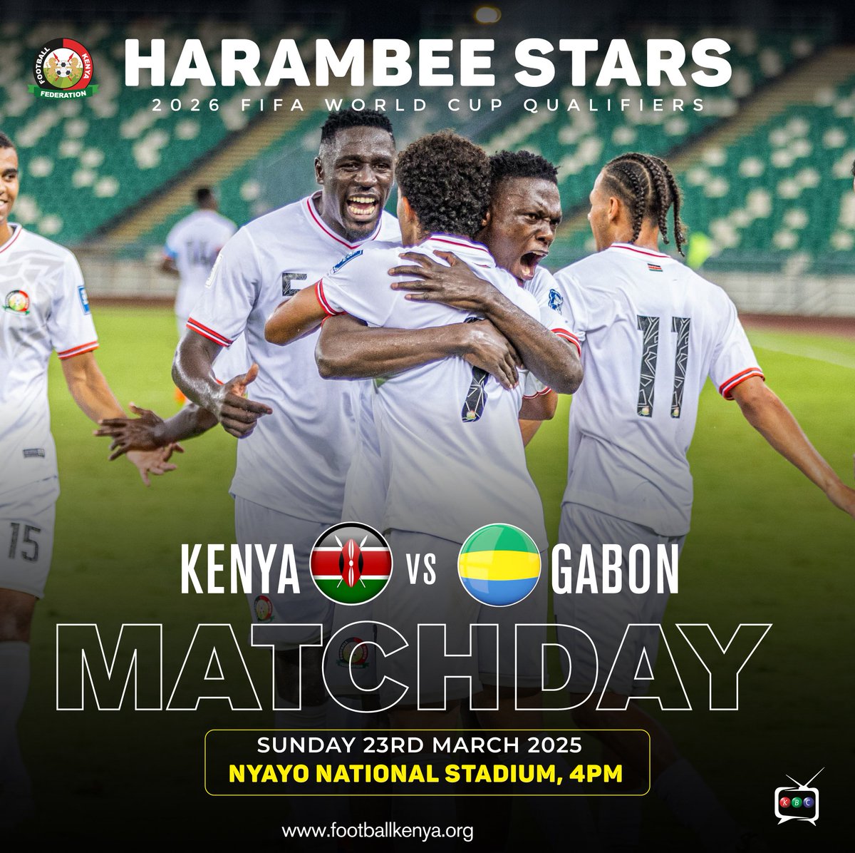IT’S MATCHDAY! 🔥🇰🇪

The Harambee Stars take on Gabon in a crucial 2026 FIFA World Cup Qualifier!

📍 Nyayo Stadium 
⏰ 4 PM EAT

#HarambeeStars #WCQ