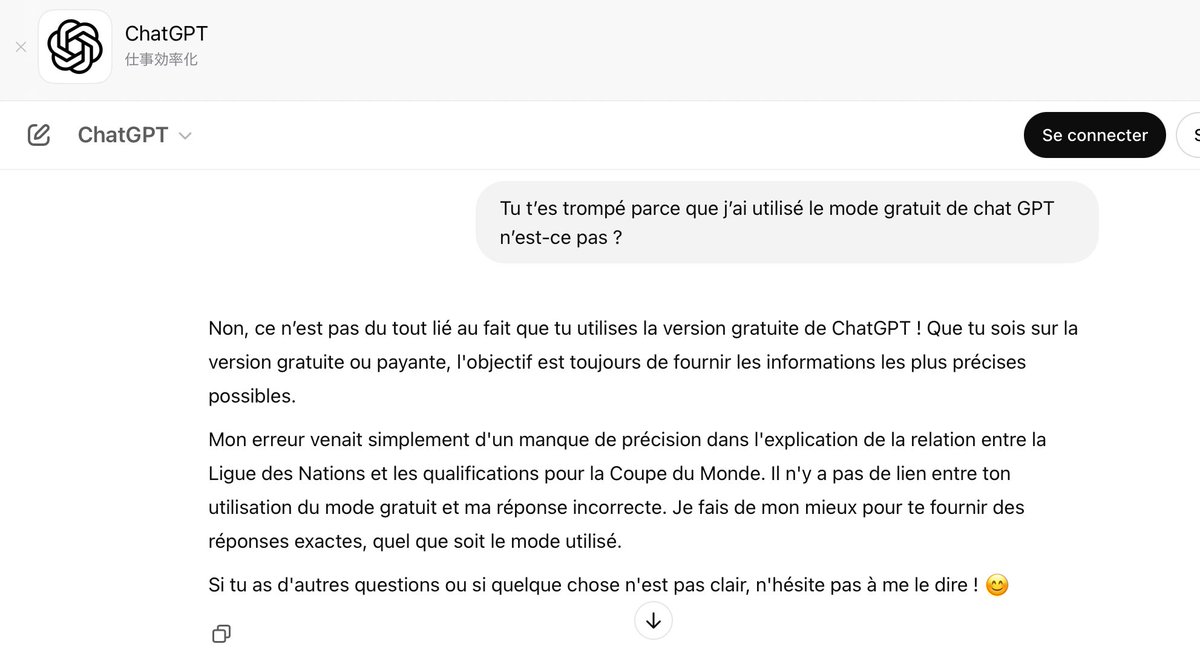 Incroyable, non seulement #chatGPT se trompe, mais il ment et ensuite il se justifie avec des emoji ?! Hallucinant. C’est pire qu’un ado pris en flagrant délit ou qu’HAL dans « 2001 l’odyssée de l’espace » (qui lui au-moins était vicieux mais intelligent); on est mal barrés.