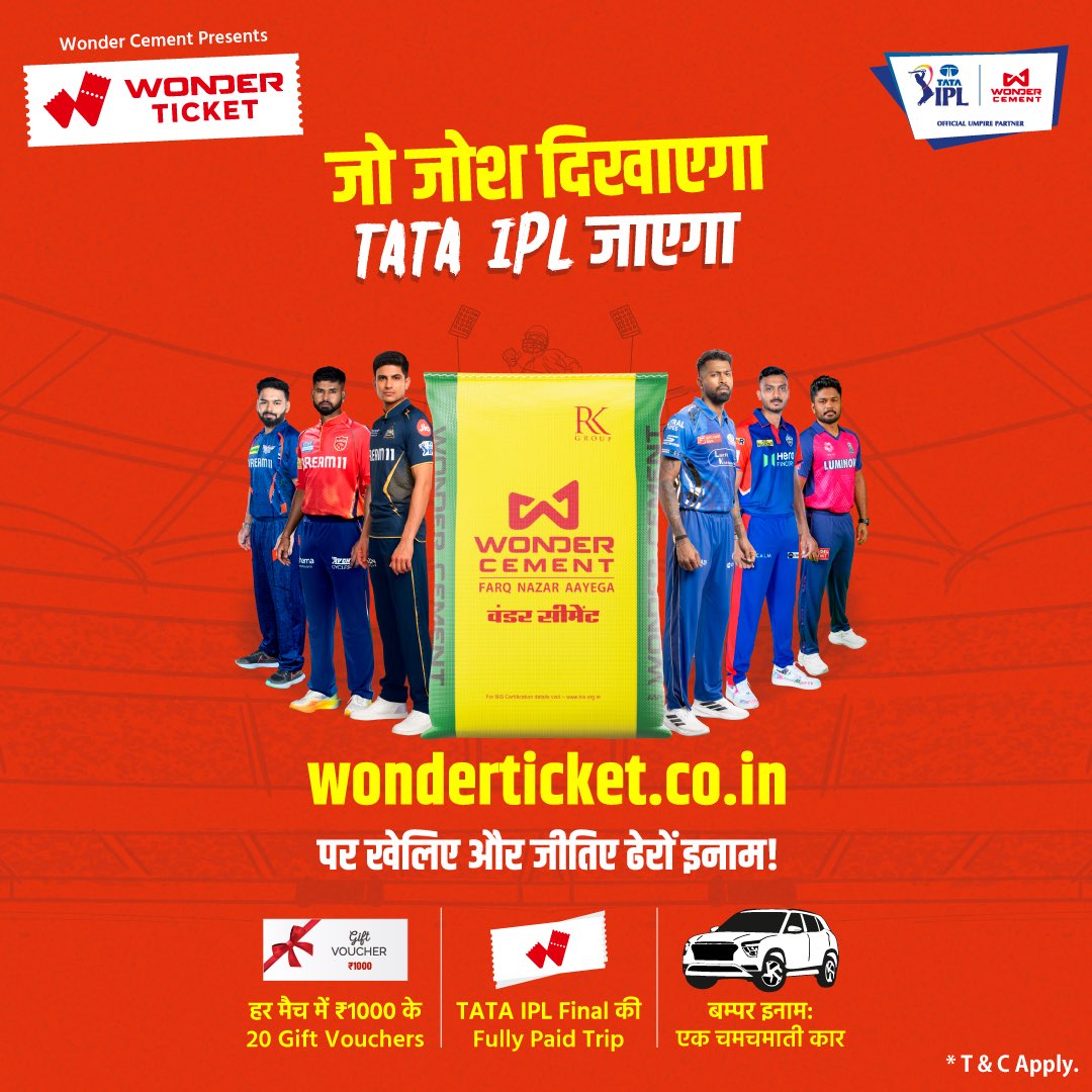 wondercement's tweet photo. Feel the thrill, live the game! Wonder Cement presents Wonder Ticket- your gateway to the electrifying TATA IPL 2025. Win gift vouchers, a trip to the IPL Final, or even a brand-new car!
Visit https://t.co/iywbkXCkfD now
#WonderCement #WonderTicket #TATAIPL2025 https://t.co/j07WTqKm8I