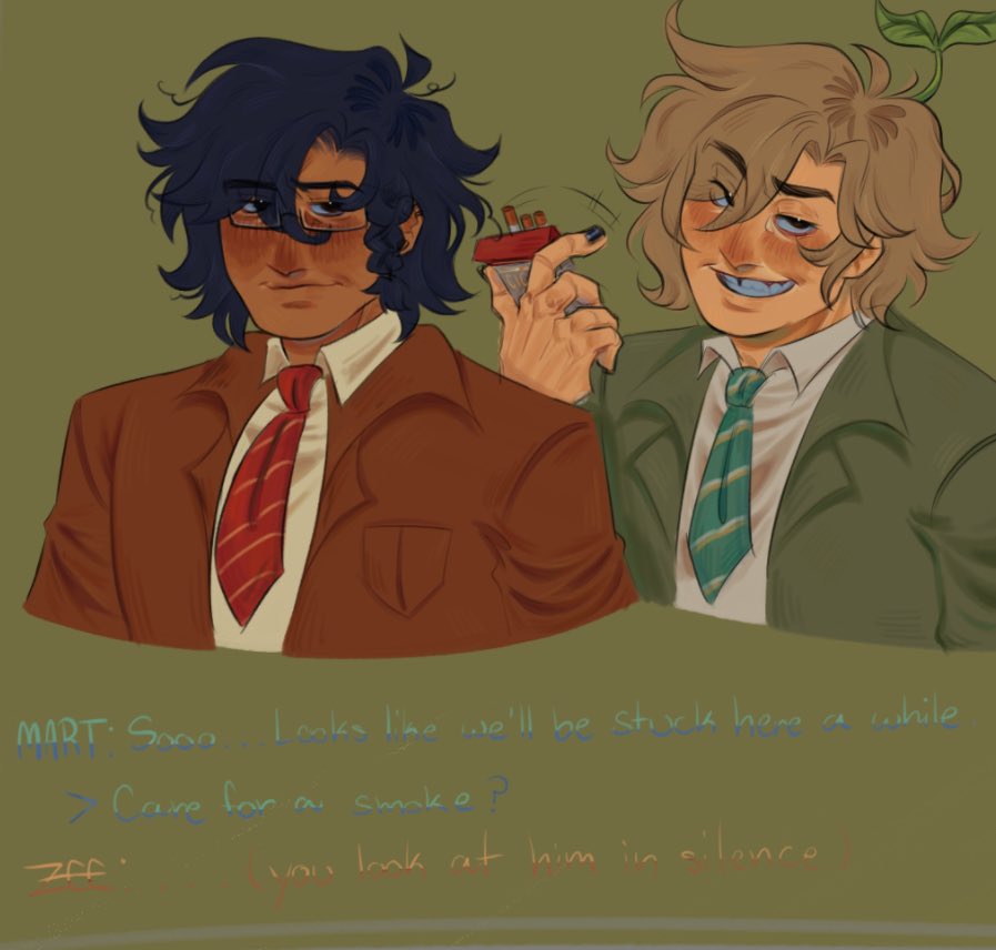 Me and vro (<a href="/oavement/">NANA</a>)’s sonas from #ElevatorHitch !!

Mart : “Sooo…Looks like we’ll be stuck a while. Care for a smoke?” 

Zee : “…” (You look at him in silence.)