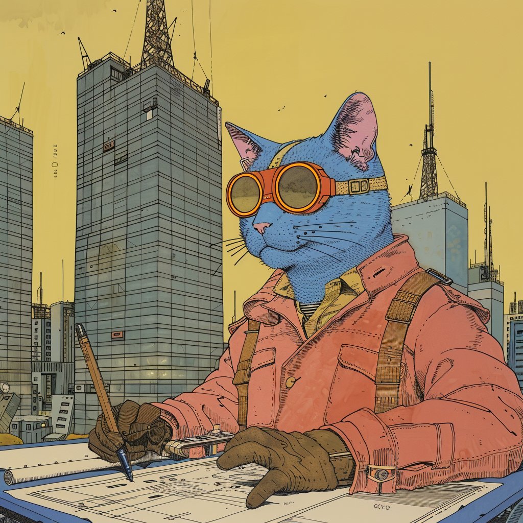 solflarecats's tweet photo. In a world where the sun never sets, 
 A feline engineer dreams of great heights. 
 With glasses to see, and a hat that protects, 
 His mind buzzes with schemes of architectures. 
  
 He pens designs on paper so thin, 
 As the city around him hums a silent din. 
 Tall buil... https://t.co/v7kLotJJ1b