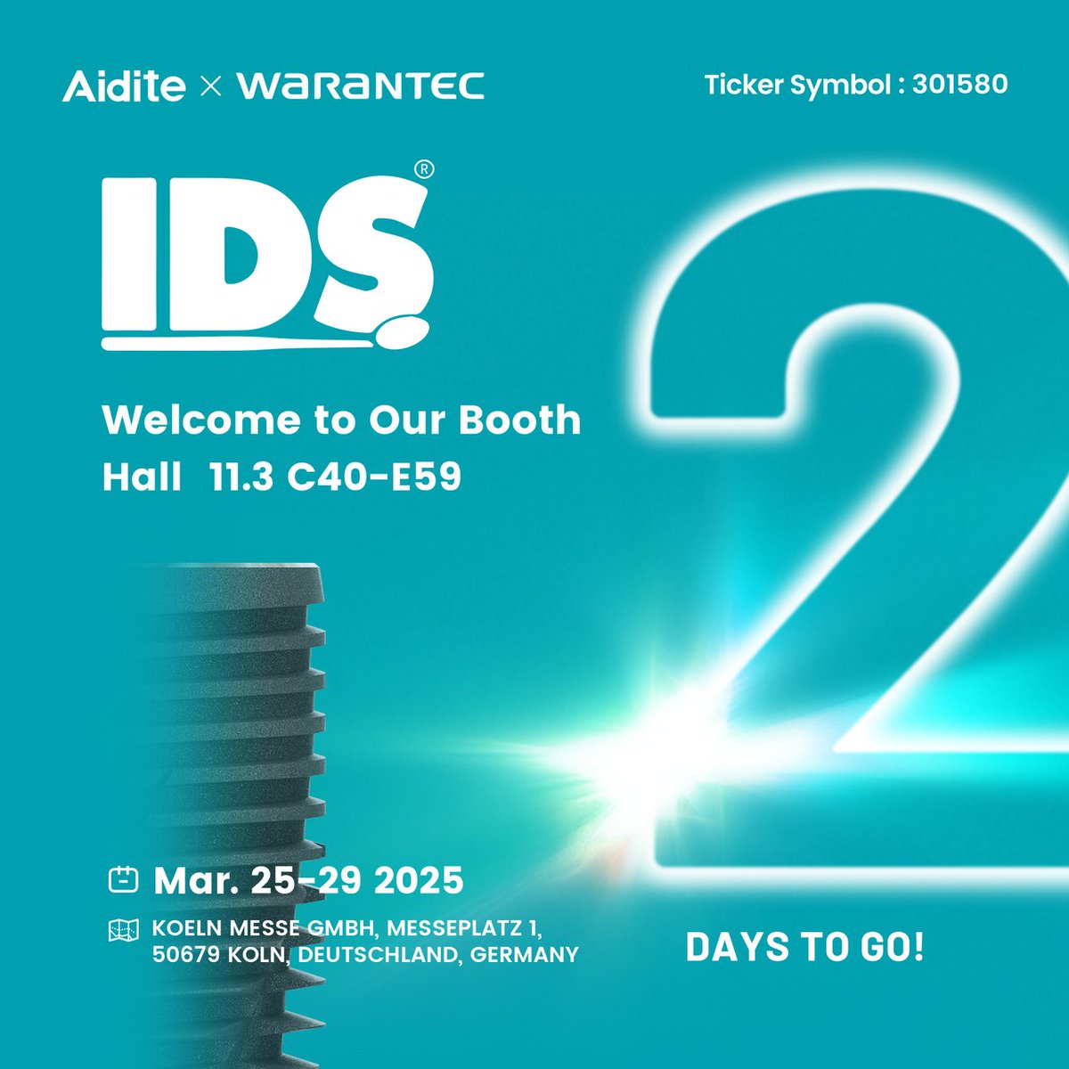 warantec's tweet photo. WARANTEC × Aidite ×IDS 2025
The Grand Event of Dental Industry is COMING SOON! 
Visit Our Booth to Learn More About Warantec Implant!
Booth: Hall 11.3 C40-E59
Date: March 25-29, 2025
Location: KOELN MESSE GMBH, MESSEPLATZ 1, 50679 KOLN, DEUTSCHLAND, GERMANY
See you at IDS 2025! https://t.co/kiiKRjvKyd