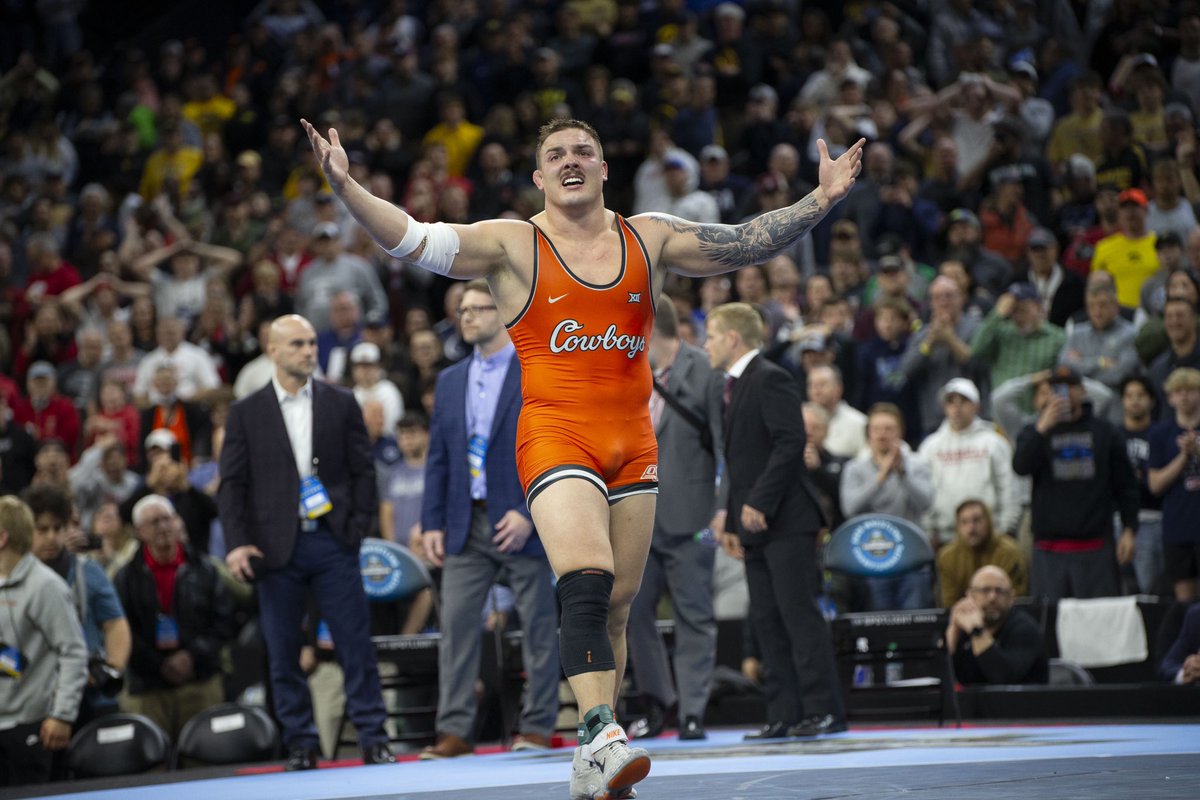 Oklahoma State’s Wyatt Hendrickson upsets Olympic Gold medalist and  Minnesota Wrestler Gable Steveson at the 2025 NCAA Wrestling Championships in Philadelphia. For: <a href="/ZUMApress/">ZUMA Press</a>