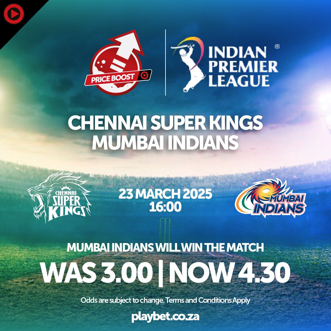 PLAYBET's tweet image. 🏏  Indian Premier League 🏏 
🚀  Price Booster  🚀 

Chennai Super Kings vs Mumbai Indians
23 March - 16:00

Bet Now: 👉 tinyurl.com/2x2rvtmn
#Playbet #PlayTheGame #PriceBoost #TATAIPL
