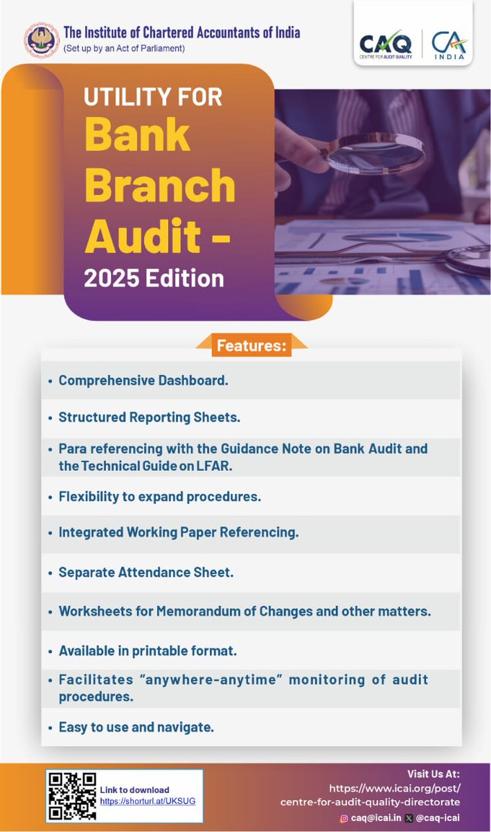 CAQD launches 'Utility for Bank Branch Audit- 2025 Edition' to support members in the seamless conduct of bank audits while ensuring compliance with audit procedures
shorturl.at/UKSUG

<a href="/CAPramodLunawat/">CA. Pramod Jain</a> <a href="/cavishaldoshi/">Vishal Doshi</a> 

#bankaudit #auditquality #auditors