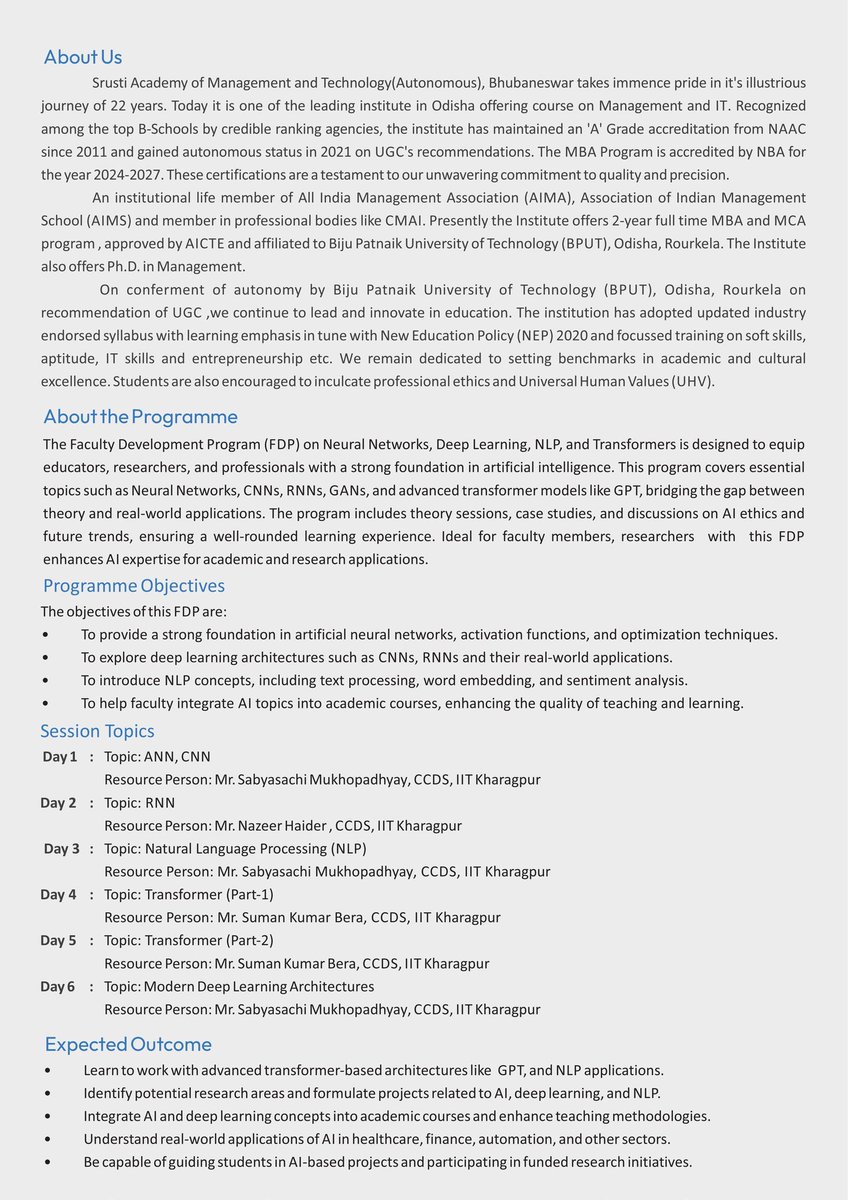 sabyasachi_uni's tweet image. Thanks to #SrustiAcademyofManagementandTechnology for inviting us as #ResourcePersons on the eve of the #FacultyDevelopmentProgram (#FDP) on #NeuralNetwork, #DeepLearning, #NLP and #Transformers.
#SumanKumarBera #NazeerHaider #SabyasachiMukhopadhyay #CD #CCDS #IITKGP @IITKgp