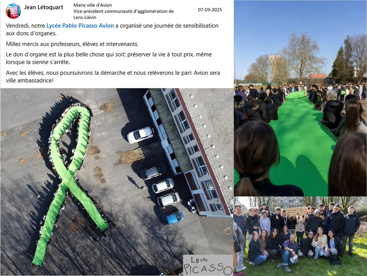 V_DON_ORGANES's tweet photo. 🎨 Superbe engagement à Avion ! 💚  
Jean Létoquart, maire de la ville d’Avion, et les lycéens du lycée Pablo Picasso ont réalisé un ruban vert humain. Ensemble, ils veulent faire d’Avion une ville ambassadrice! 🎨 Bravo pour cette mobilisation ! 👏 https://t.co/07a8OCcNOe