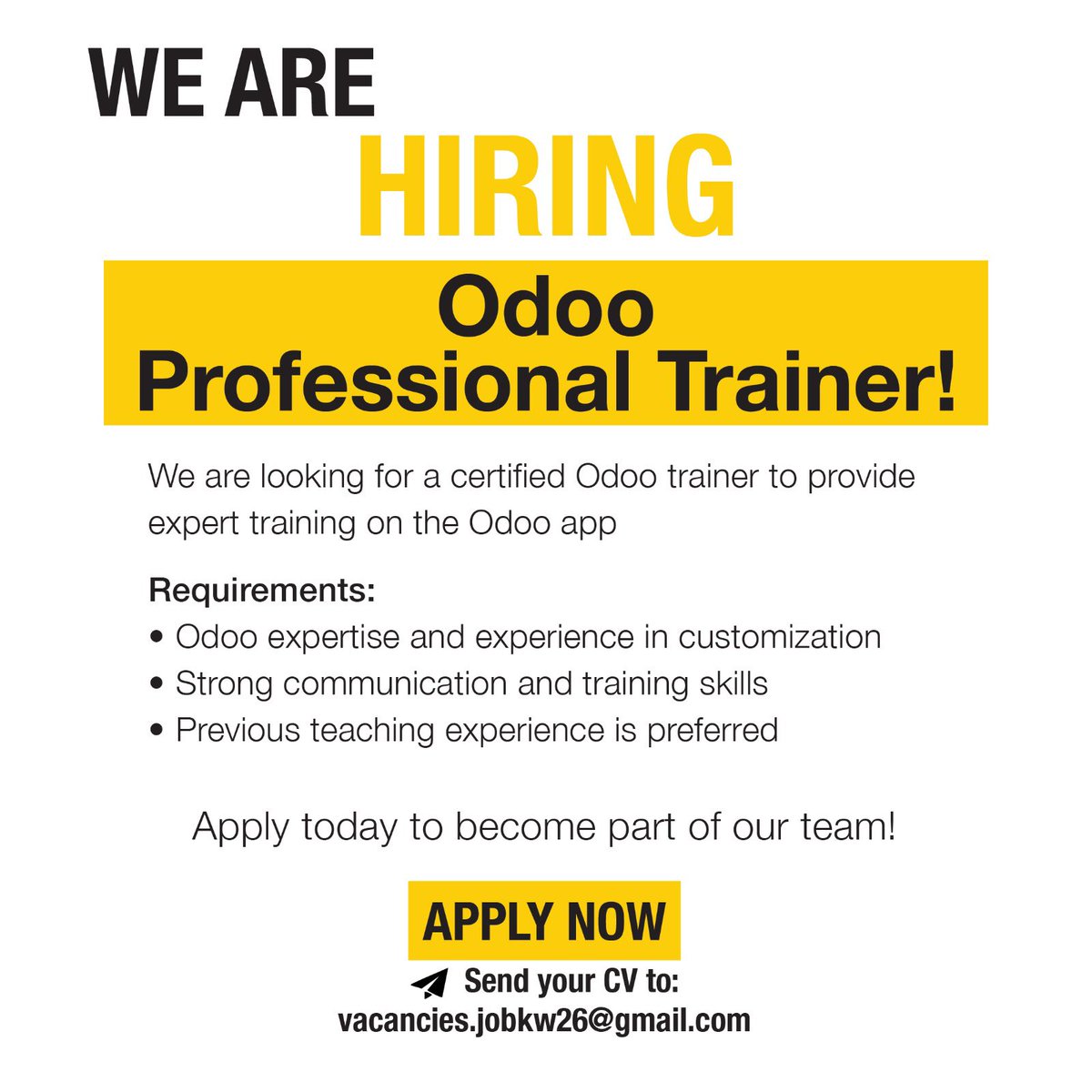 thejobyard's tweet photo. Hiring from inside Kuwait ๐ฐ๐ผ
Hiring Odoo Professional Trainer
#JobsInKuwait #KuwaitJobs #HiringInKuwait #KuwaitCareers #KuwaitJobVacancy #KuwaitRecruitment #JobSearchKuwait #KuwaitJobOpportunities #KuwaitHiringNow #KuwaitJobMarket #KuwaitJobs2025 #KuwaitJobAlert #KuwaitJobSeeker https://t.co/M0SWGcM4Kz