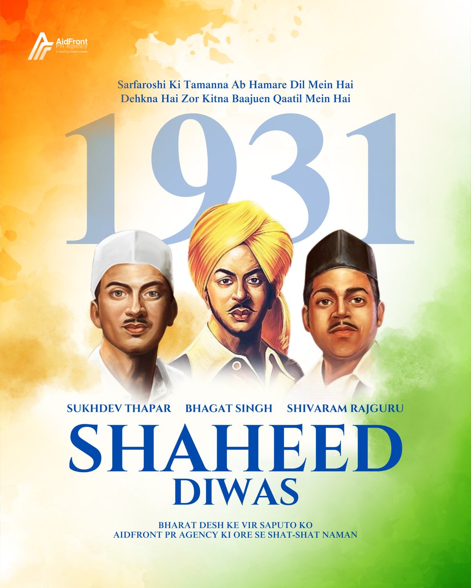 aidfrontpr's tweet photo. March 23 is remembered as the day when three brave freedom fighters, Bhagat Singh Ji, Shivaram Rajguru Ji, and Sukhdev Thapar Ji, were hanged by the British.
#ShaheedDiwas #bhagatsinghsukhdevrajguru https://t.co/o2dch37Mdu